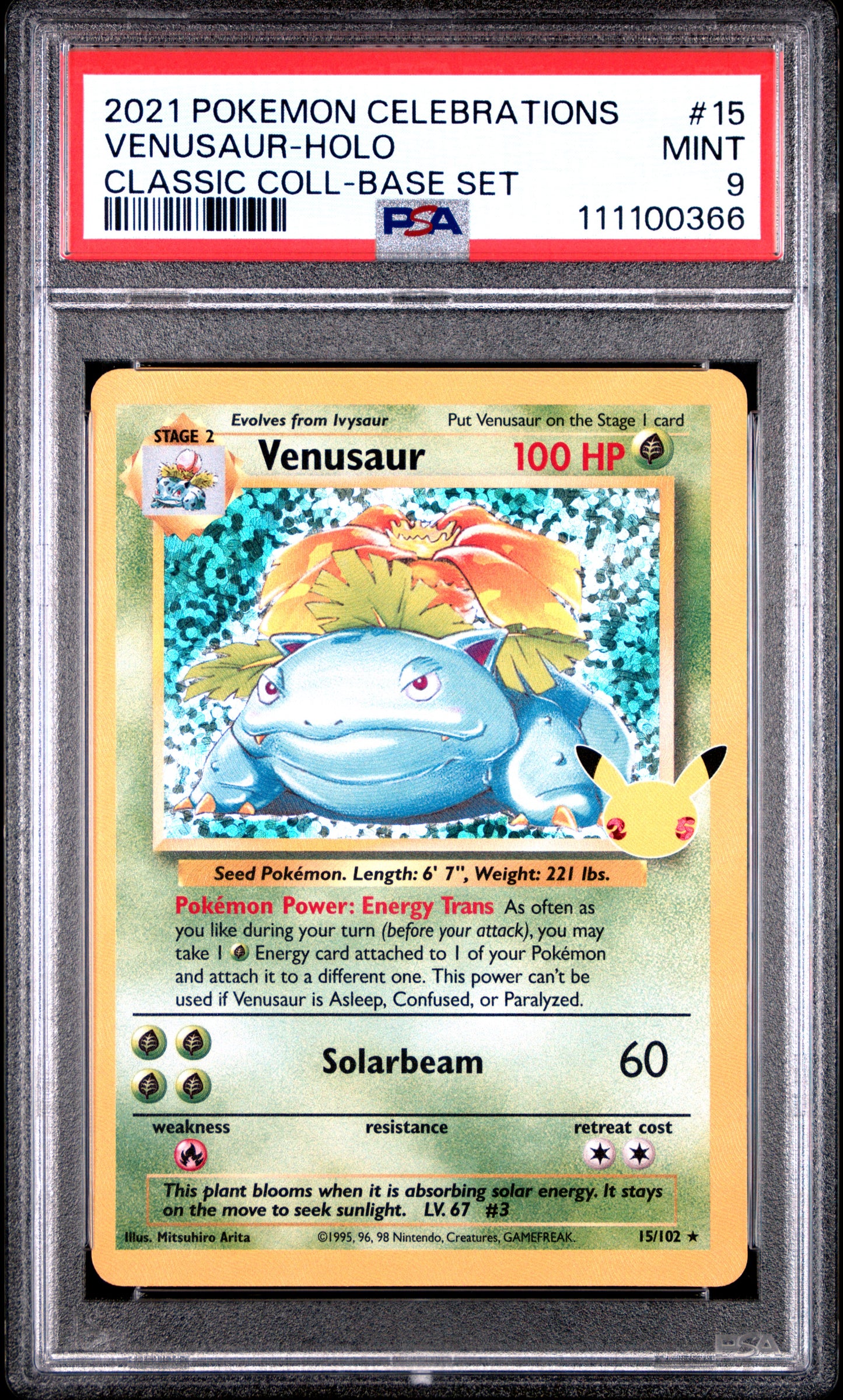 VENUSAUR-HOLO 15/102 Common POKEMON CELEBRATIONS CLASSIC COLLECTION CLASSIC COLL-BASE SET PSA9 MINT 9 PSA population 8855 <a href=https://www.psacard.com/cert/111100366/psa>https://www.psacard.com/cert/111100366/psa</a>