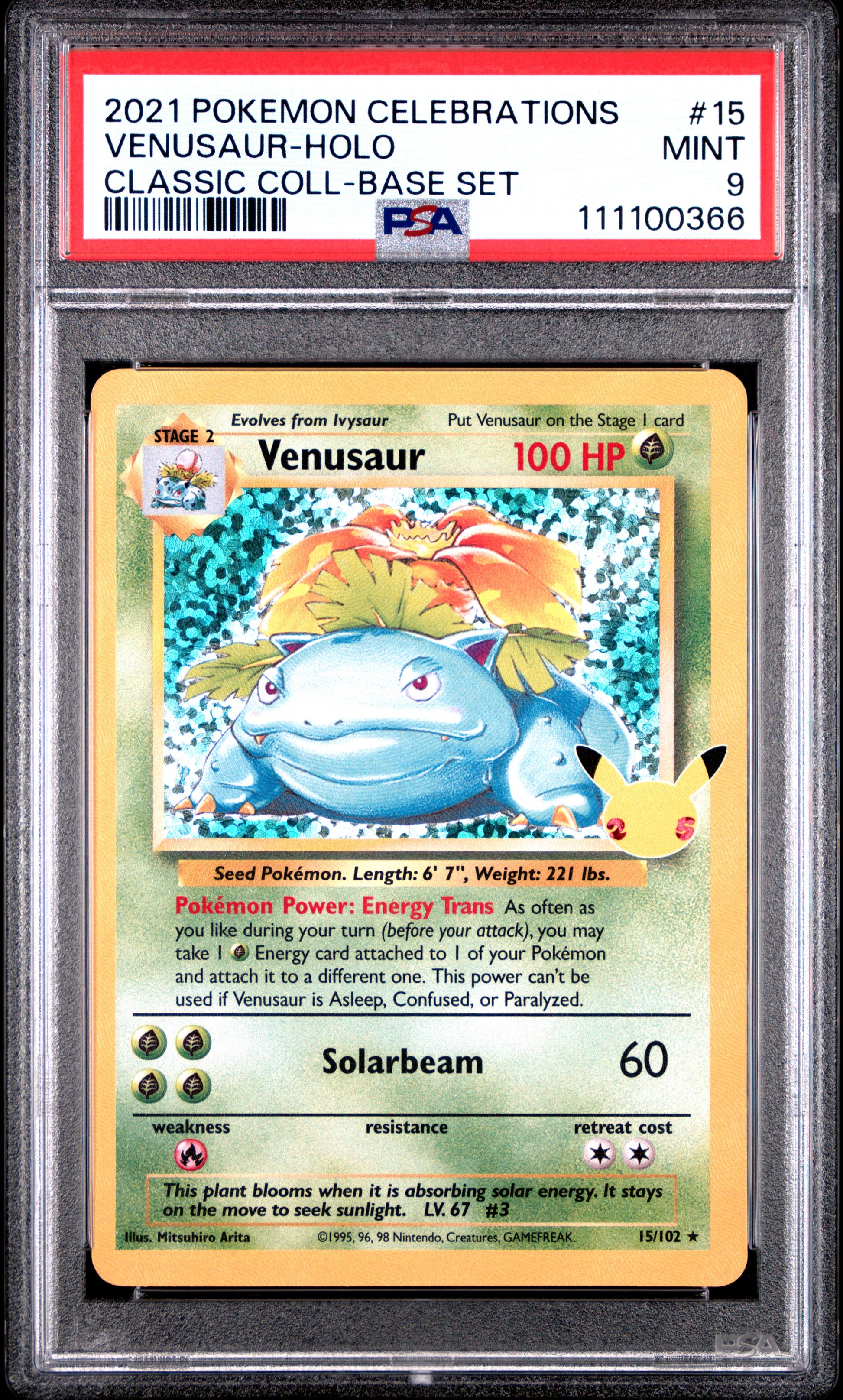 VENUSAUR-HOLO 15/102 Common POKEMON CELEBRATIONS CLASSIC COLLECTION CLASSIC COLL-BASE SET PSA9 MINT 9 PSA population 8855 <a href=https://www.psacard.com/cert/111100366/psa>https://www.psacard.com/cert/111100366/psa</a>
