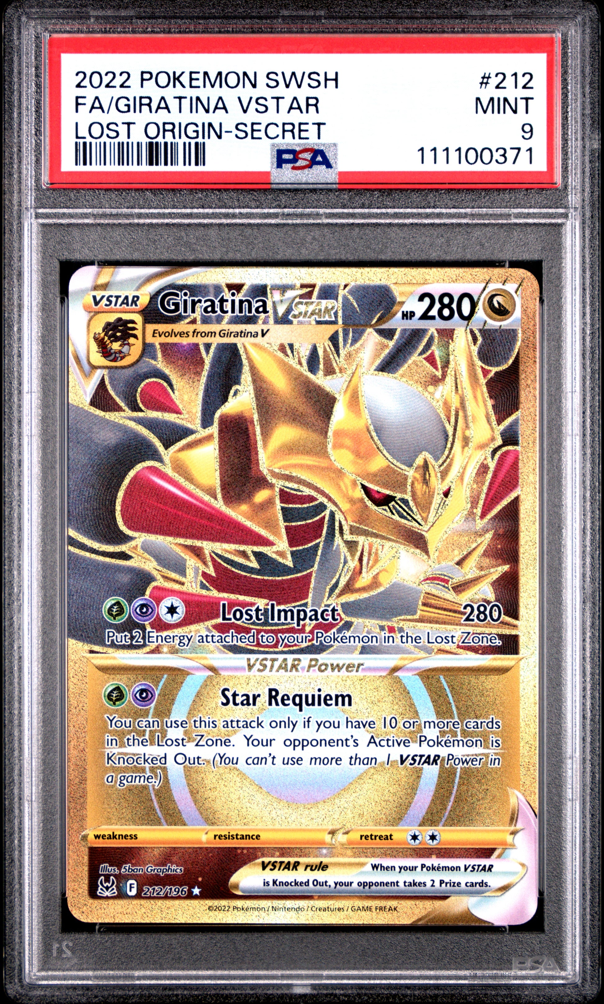FA/GIRATINA VSTAR 212/196 Common POKEMON SWORD & SHIELD LOST ORIGIN LOST ORIGIN-SECRET PSA9 MINT 9 PSA population 1018 <a href=https://www.psacard.com/cert/111100371/psa>https://www.psacard.com/cert/111100371/psa</a>