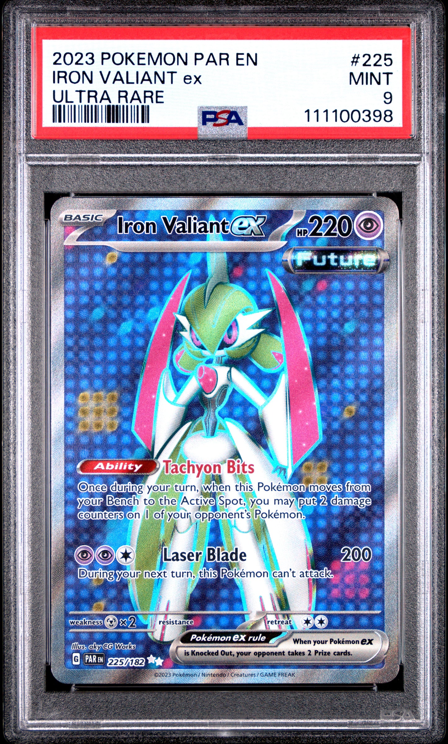 IRON VALIANT EX 225/182 Common POKEMON PAR EN-PARADOX RIFT ULTRA RARE PSA9 MINT 9 PSA population 177 <a href=https://www.psacard.com/cert/111100398/psa>https://www.psacard.com/cert/111100398/psa</a>