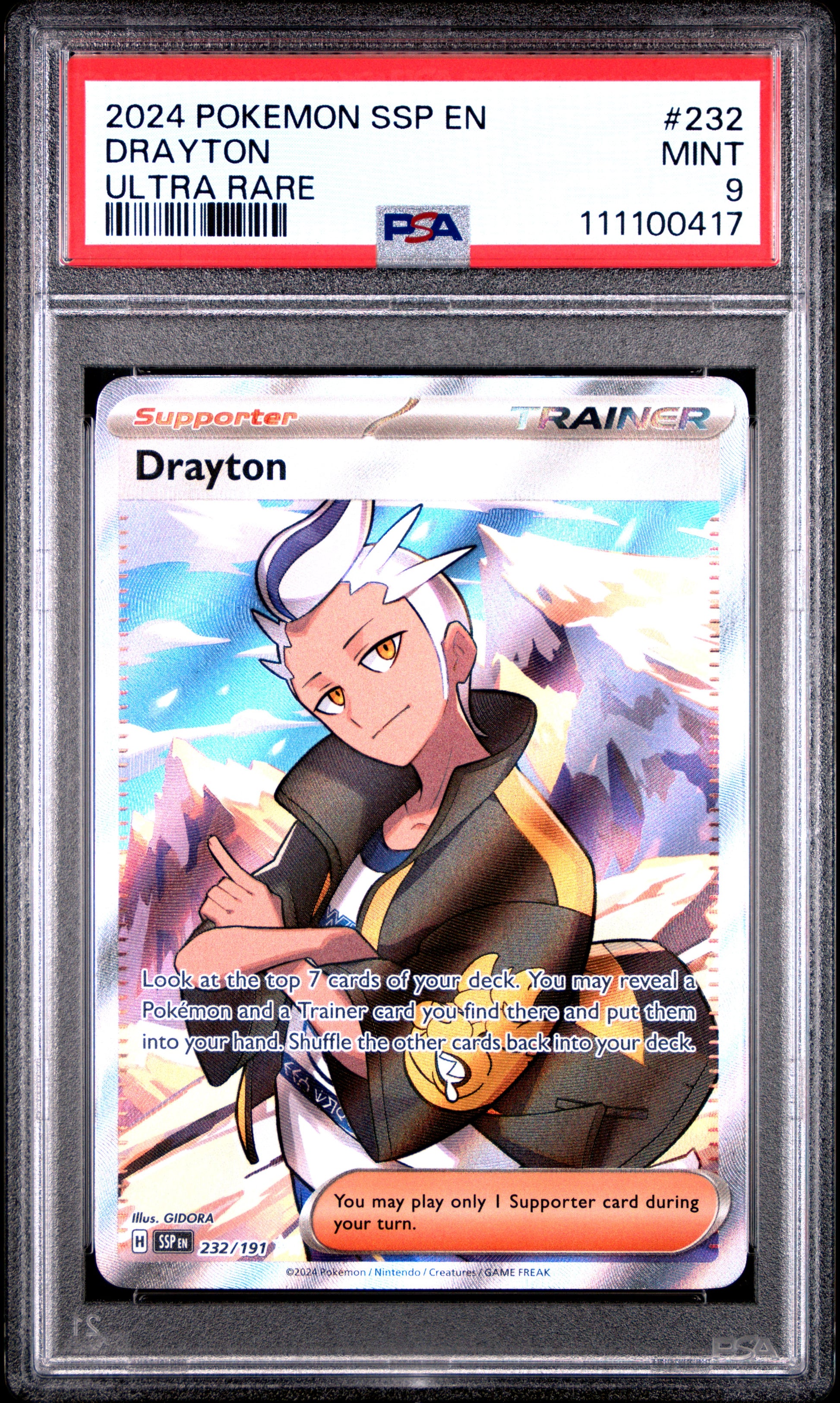 DRAYTON 232/191 Common POKEMON SSP EN-SURGING SPARKS ULTRA RARE PSA9 MINT 9 PSA population 135 <a href=https://www.psacard.com/cert/111100417/psa>https://www.psacard.com/cert/111100417/psa</a>
