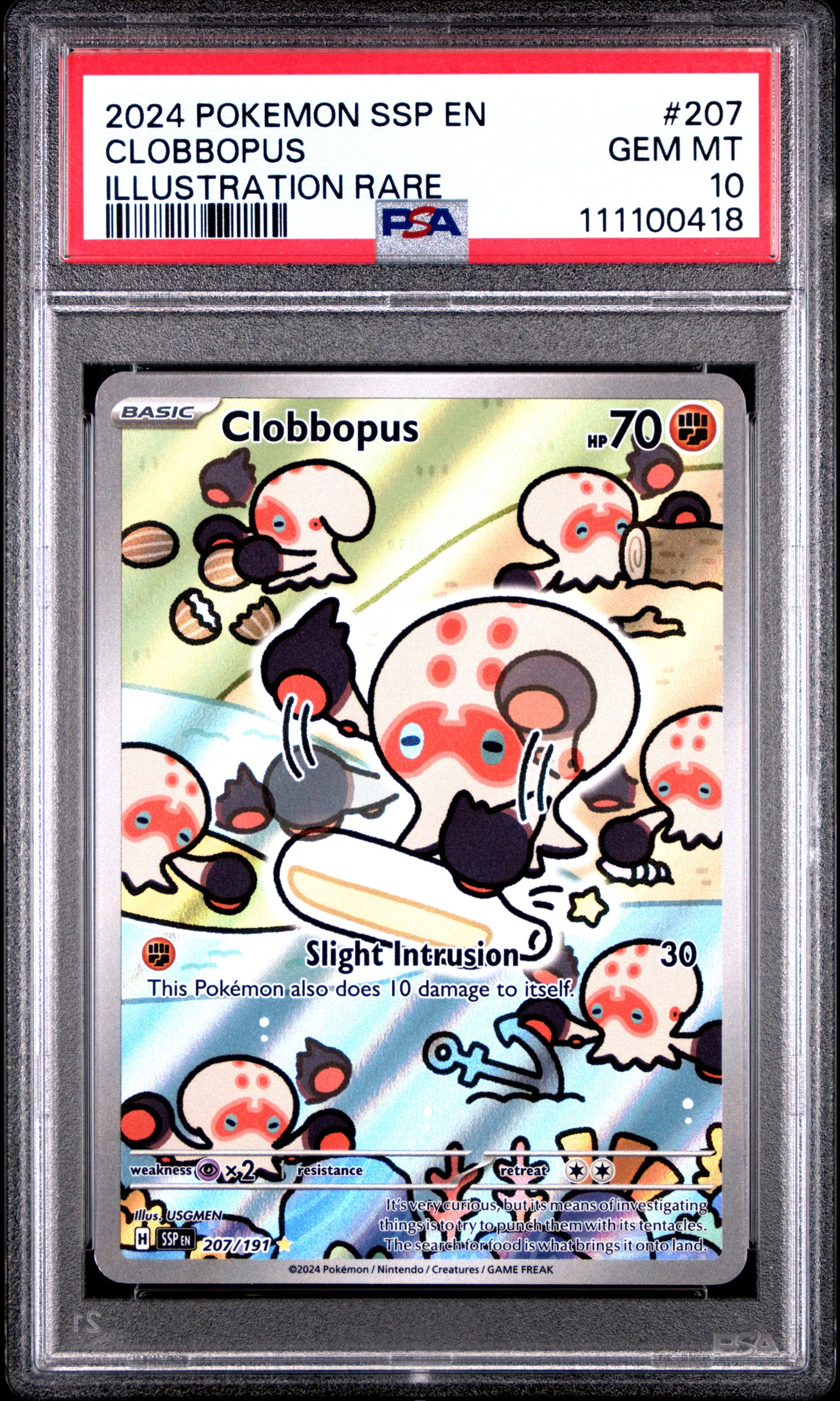 CLOBBOPUS 207/191 Common POKEMON SSP EN-SURGING SPARKS ILLUSTRATION RARE PSA10 GEM MT 10 PSA population 574 <a href=https://www.psacard.com/cert/111100418/psa>https://www.psacard.com/cert/111100418/psa</a>