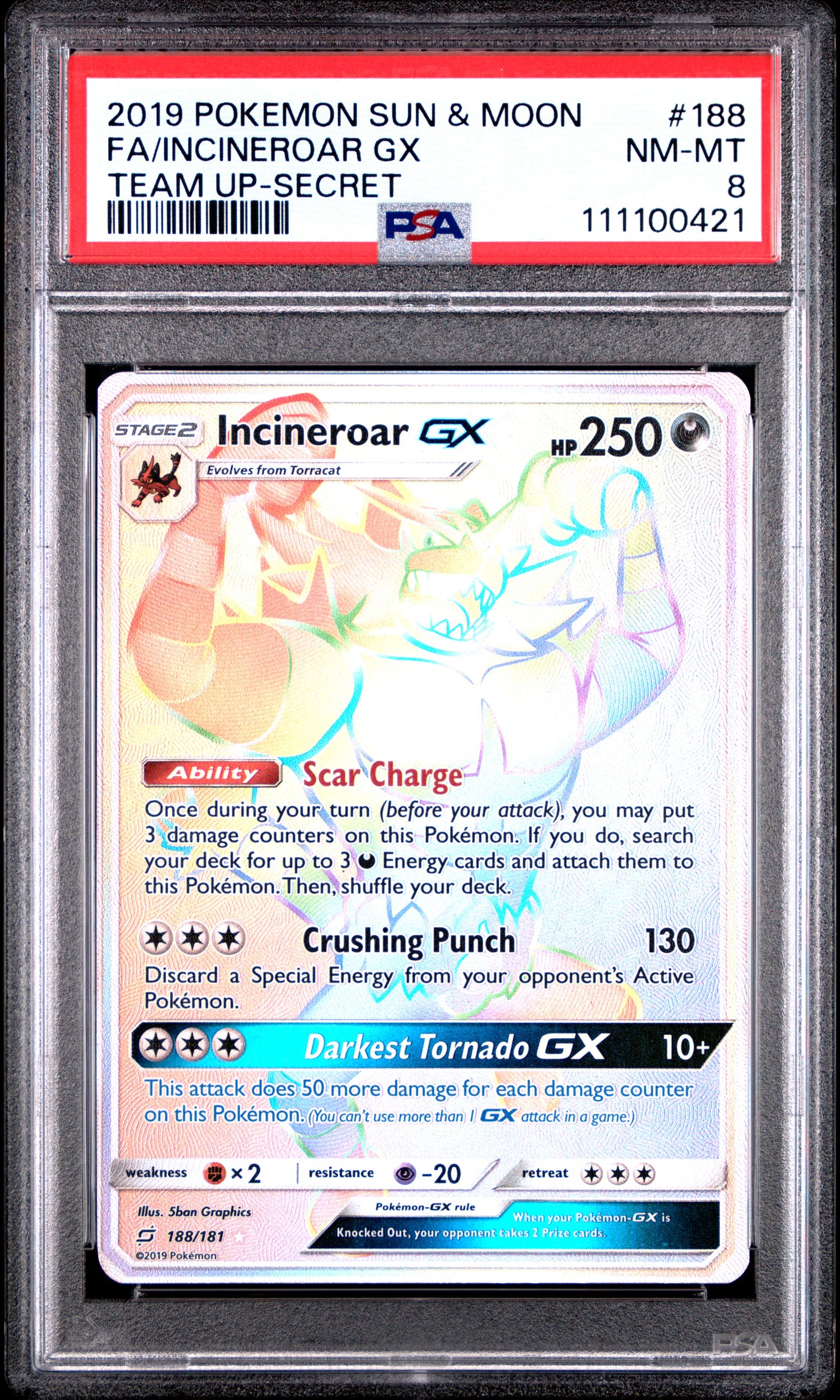 FA/INCINEROAR GX 188/181 Common POKEMON SUN & MOON TEAM UP TEAM UP-SECRET PSA8 NM-MT 8 PSA population 35 <a href=https://www.psacard.com/cert/111100421/psa>https://www.psacard.com/cert/111100421/psa</a>