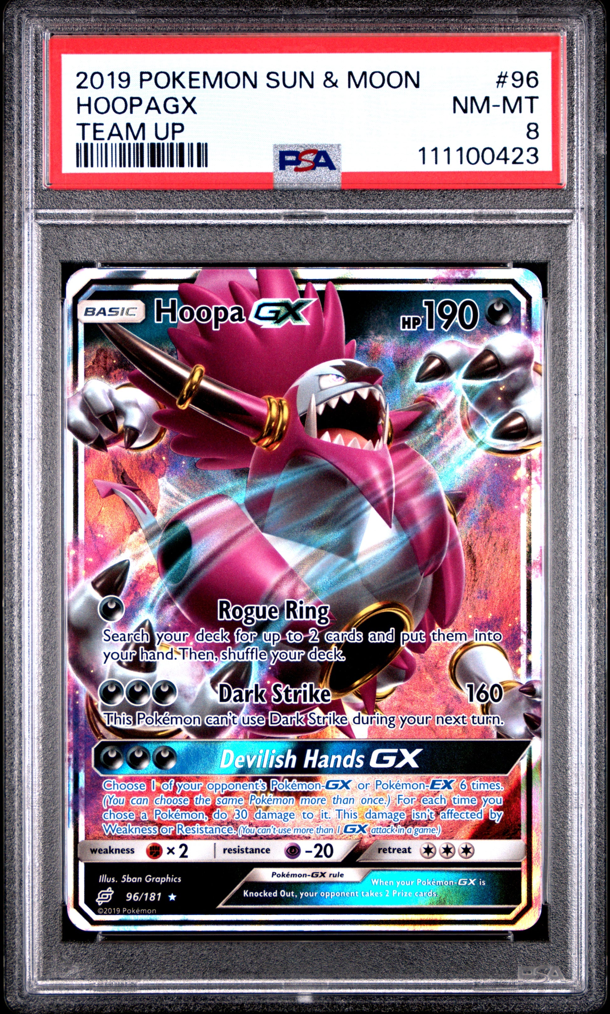 HOOPA GX 96/181 Common POKEMON SUN & MOON TEAM UP TEAM UP PSA8 NM-MT 8 PSA population 18 <a href=https://www.psacard.com/cert/111100423/psa>https://www.psacard.com/cert/111100423/psa</a>
