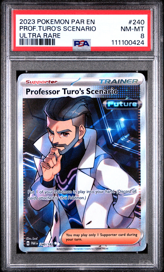PROF.TURO'S SCENARIO 240/182 Common POKEMON PAR EN-PARADOX RIFT ULTRA RARE PSA8 NM-MT 8 PSA population 24 <a href=https://www.psacard.com/cert/111100424/psa>https://www.psacard.com/cert/111100424/psa</a>