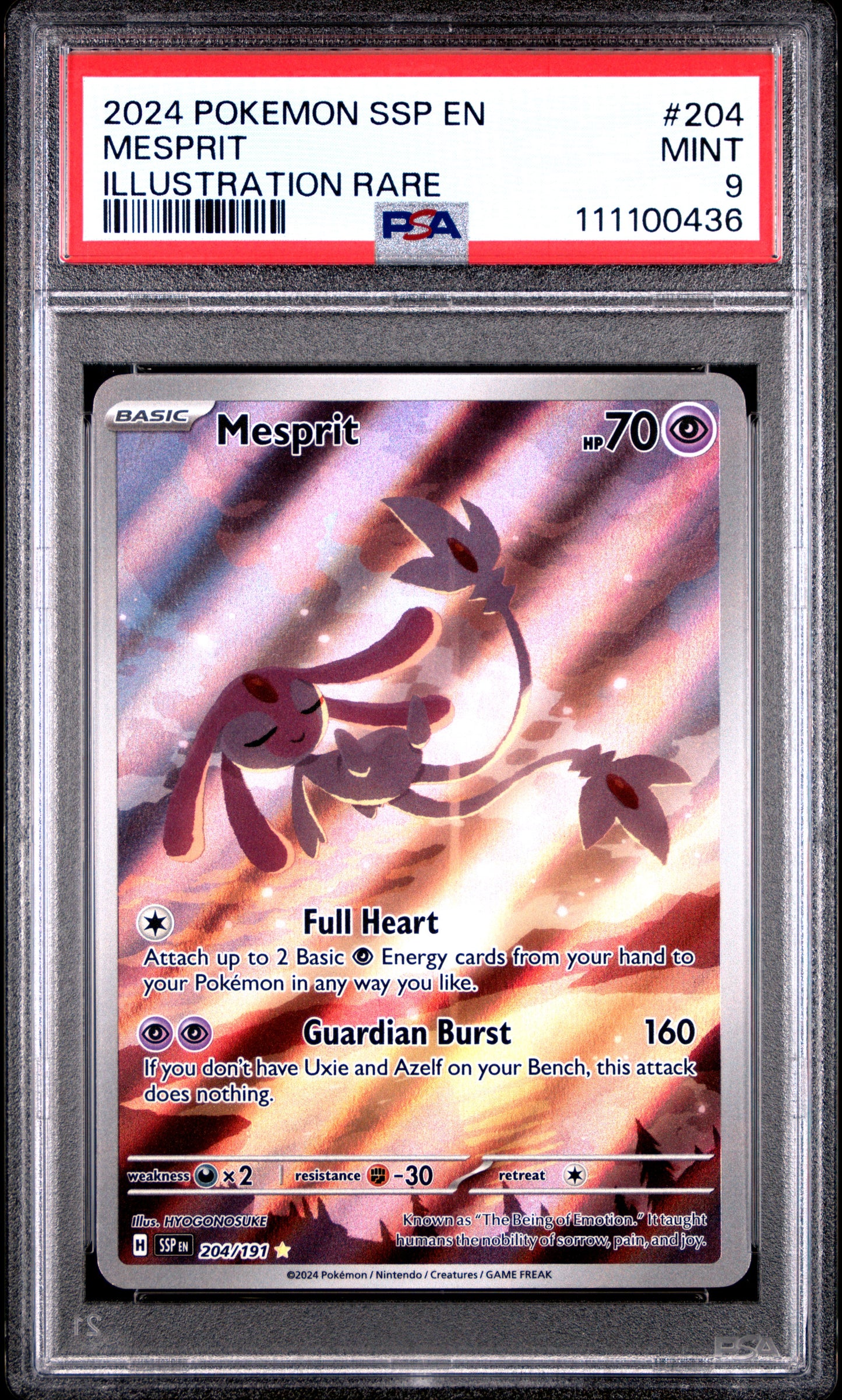 MESPRIT 204/191 Common POKEMON SSP EN-SURGING SPARKS ILLUSTRATION RARE PSA9 MINT 9 PSA population 2570 <a href=https://www.psacard.com/cert/111100436/psa>https://www.psacard.com/cert/111100436/psa</a>