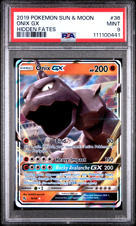 ONIX GX 36/68 Common POKEMON SUN & MOON HIDDEN FATES HIDDEN FATES PSA9 MINT 9 PSA population 331 <a href=https://www.psacard.com/cert/111100441/psa>https://www.psacard.com/cert/111100441/psa</a>