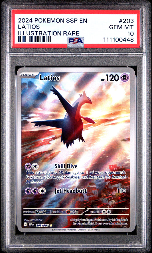 LATIOS 203/191 Common POKEMON SSP EN-SURGING SPARKS ILLUSTRATION RARE PSA10 GEM MT 10 PSA population 5989 <a href=https://www.psacard.com/cert/111100448/psa>https://www.psacard.com/cert/111100448/psa</a>