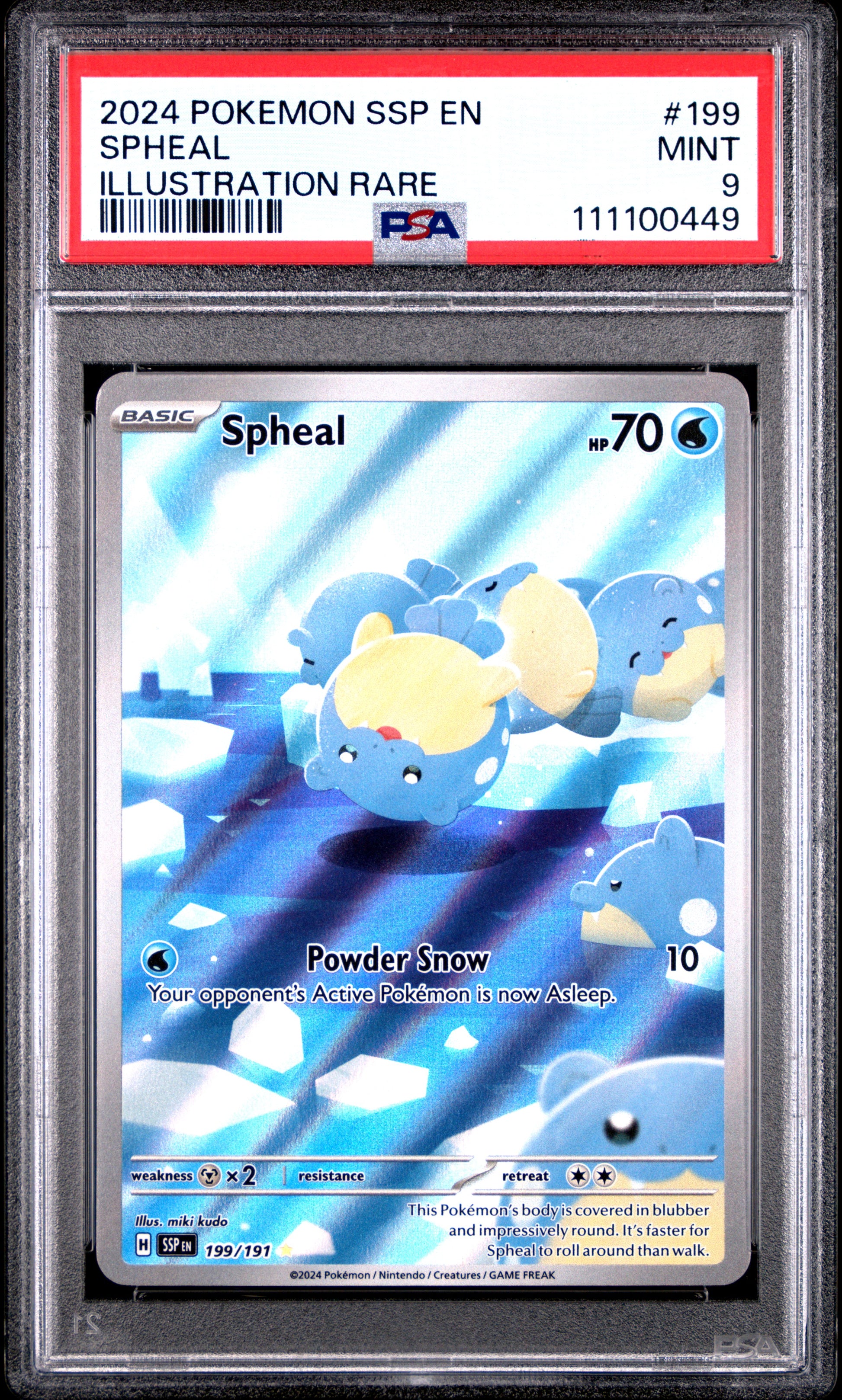 SPHEAL 199/191 Common POKEMON SSP EN-SURGING SPARKS ILLUSTRATION RARE PSA9 MINT 9 PSA population 2013 <a href=https://www.psacard.com/cert/111100449/psa>https://www.psacard.com/cert/111100449/psa</a>