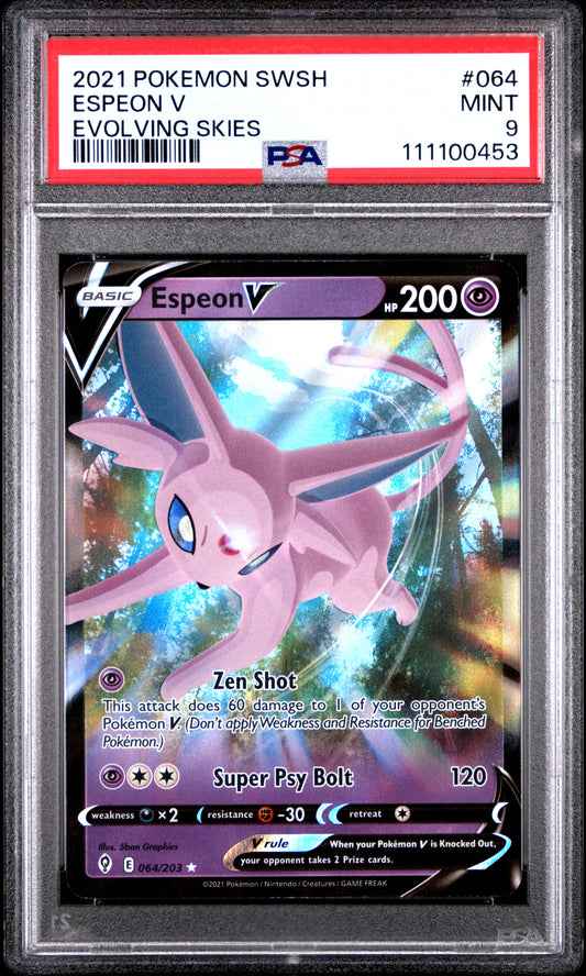 ESPEON V 64/203 Common POKEMON SWORD & SHIELD EVOLVING SKIES EVOLVING SKIES PSA9 MINT 9 PSA population 178 <a href=https://www.psacard.com/cert/111100453/psa>https://www.psacard.com/cert/111100453/psa</a>