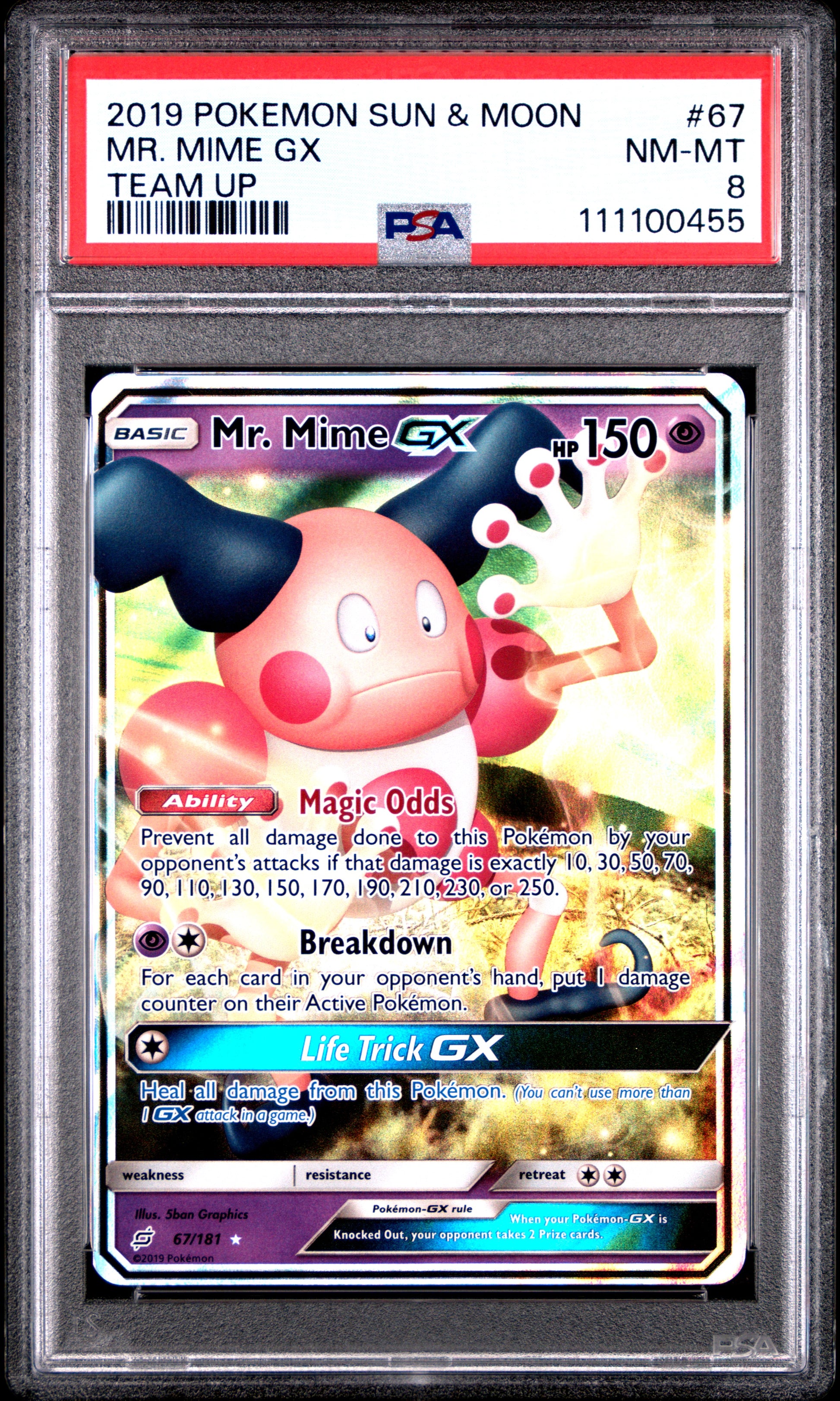 MR. MIME GX 67/181 Common POKEMON SUN & MOON TEAM UP TEAM UP PSA8 NM-MT 8 PSA population 26 <a href=https://www.psacard.com/cert/111100455/psa>https://www.psacard.com/cert/111100455/psa</a>