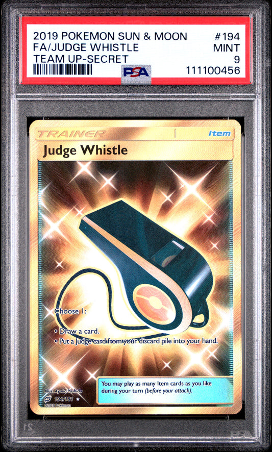 FA/JUDGE WHISTLE 194/181 Common POKEMON SUN & MOON TEAM UP TEAM UP-SECRET PSA9 MINT 9 PSA population 48 <a href=https://www.psacard.com/cert/111100456/psa>https://www.psacard.com/cert/111100456/psa</a>