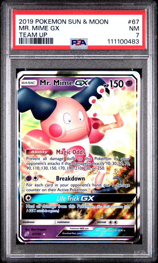 MR. MIME GX 67/181 Common POKEMON SUN & MOON TEAM UP TEAM UP PSA7 NM 7 PSA population 4 <a href=https://www.psacard.com/cert/111100483/psa>https://www.psacard.com/cert/111100483/psa</a>