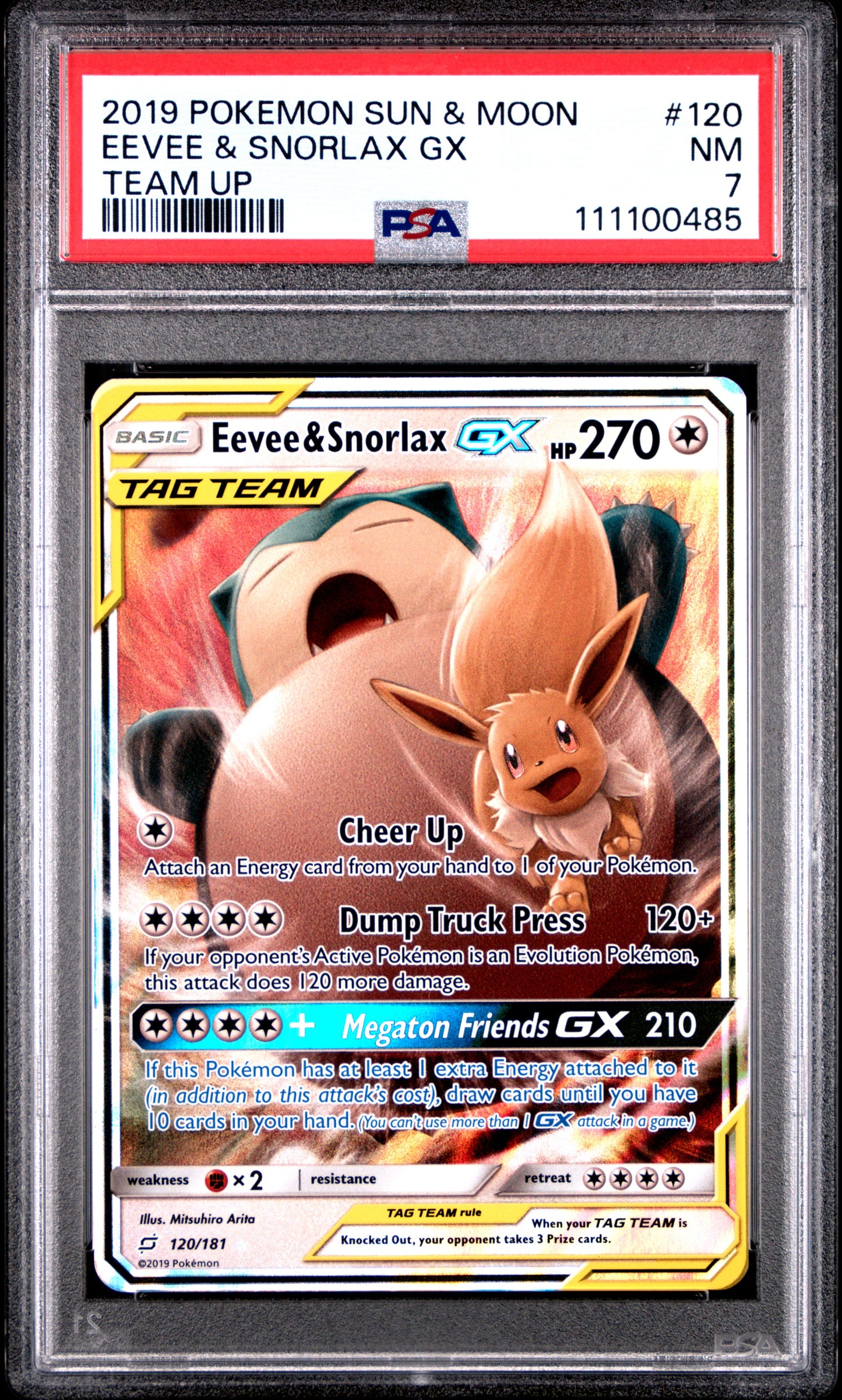 EEVEE & SNORLAX GX 120/181 Common POKEMON SUN & MOON TEAM UP TEAM UP PSA7 NM 7 PSA population 59 <a href=https://www.psacard.com/cert/111100485/psa>https://www.psacard.com/cert/111100485/psa</a>