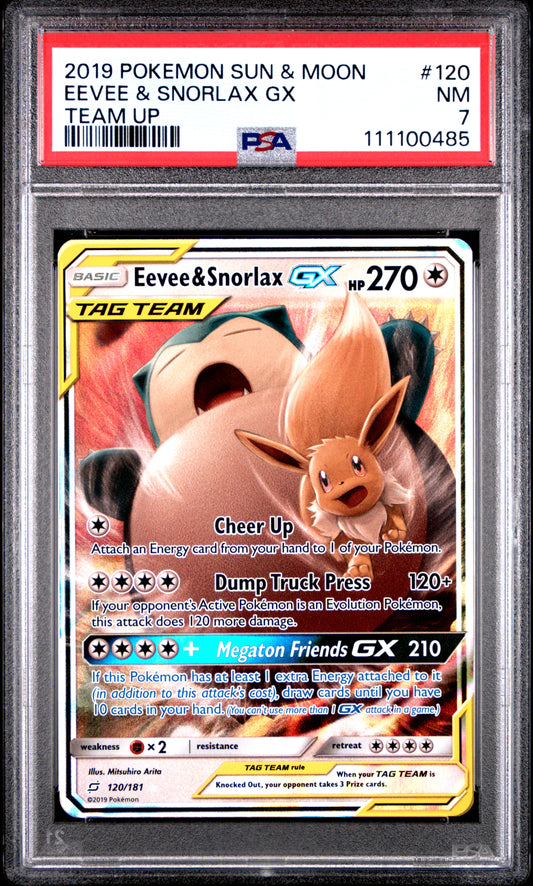 EEVEE & SNORLAX GX 120/181 Common POKEMON SUN & MOON TEAM UP TEAM UP PSA7 NM 7 PSA population 59 <a href=https://www.psacard.com/cert/111100485/psa>https://www.psacard.com/cert/111100485/psa</a>