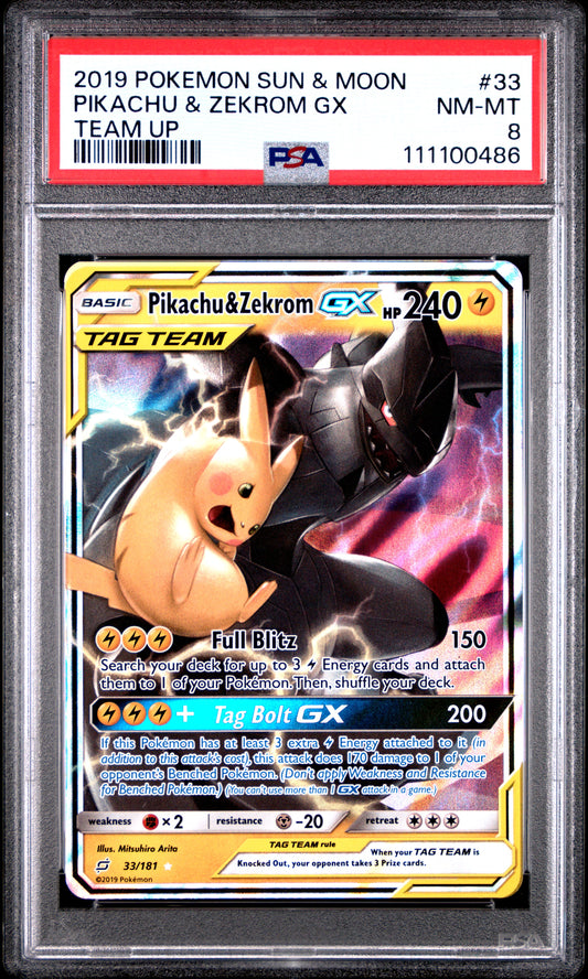 PIKACHU & ZEKROM GX 33/181 Common POKEMON SUN & MOON TEAM UP TEAM UP PSA8 NM-MT 8 PSA population 465 <a href=https://www.psacard.com/cert/111100486/psa>https://www.psacard.com/cert/111100486/psa</a>