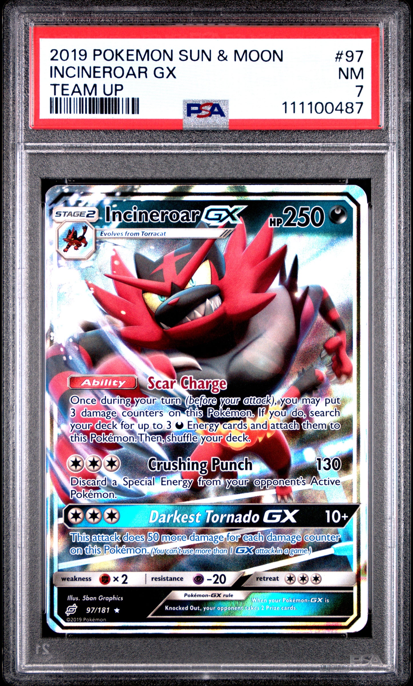 INCINEROAR GX 97/181 Common POKEMON SUN & MOON TEAM UP TEAM UP PSA7 NM 7 PSA population 4 <a href=https://www.psacard.com/cert/111100487/psa>https://www.psacard.com/cert/111100487/psa</a>