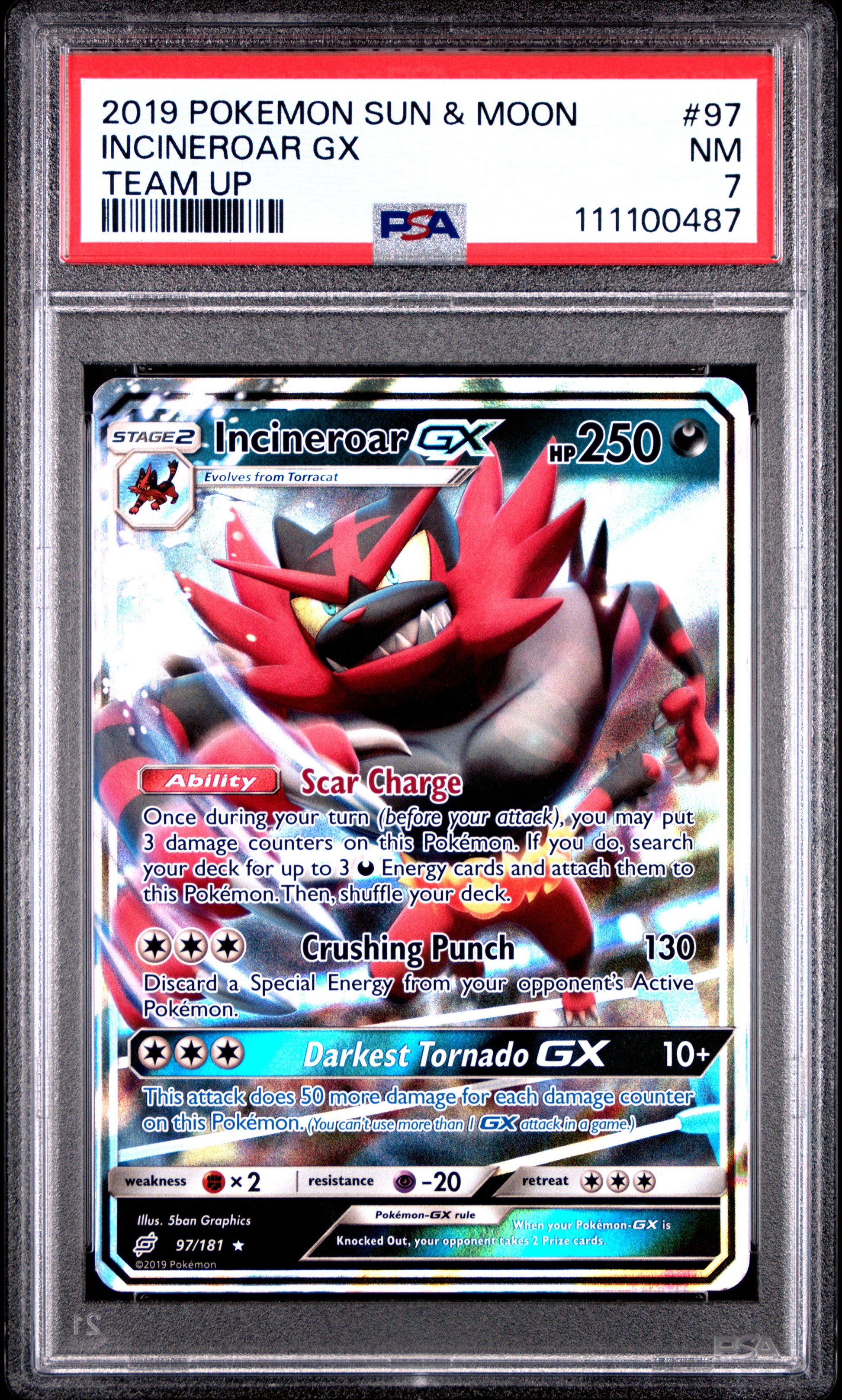 INCINEROAR GX 97/181 Common POKEMON SUN & MOON TEAM UP TEAM UP PSA7 NM 7 PSA population 4 <a href=https://www.psacard.com/cert/111100487/psa>https://www.psacard.com/cert/111100487/psa</a>