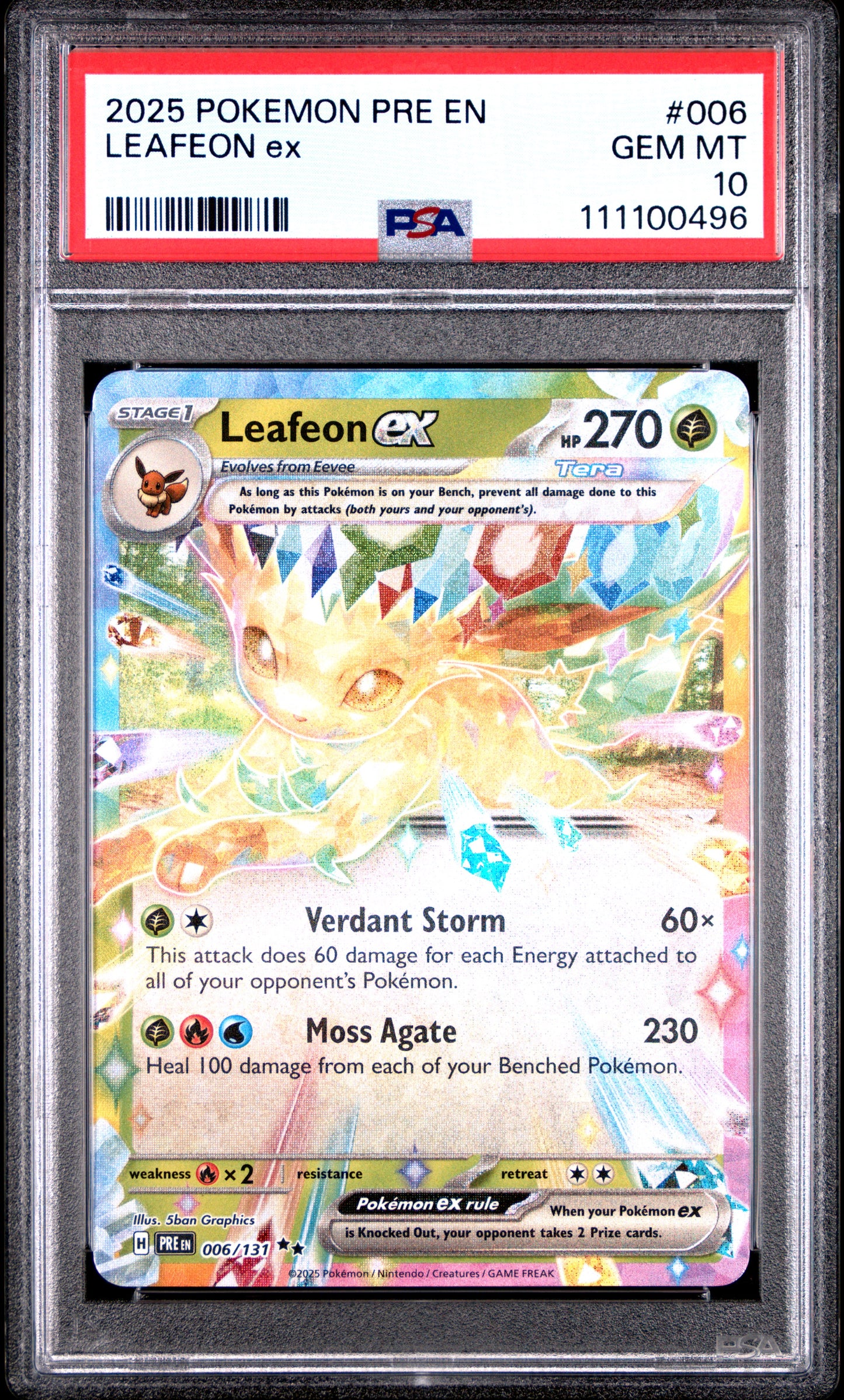 LEAFEON EX 6/131 Common POKEMON PRE EN-PRISMATIC EVOLUTIONS PSA10 GEM MT 10 PSA population 487 <a href=https://www.psacard.com/cert/111100496/psa>https://www.psacard.com/cert/111100496/psa</a>