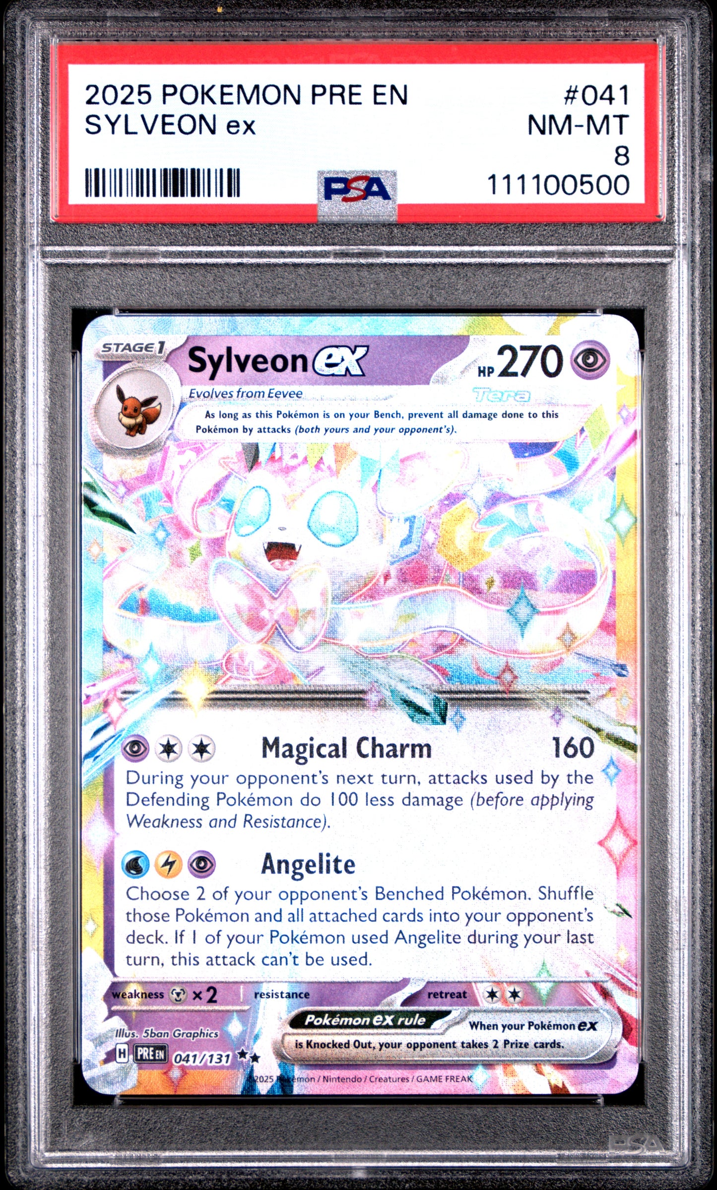 SYLVEON EX 41/131 Common POKEMON PRE EN-PRISMATIC EVOLUTIONS PSA8 NM-MT 8 PSA population 73 <a href=https://www.psacard.com/cert/111100500/psa>https://www.psacard.com/cert/111100500/psa</a>