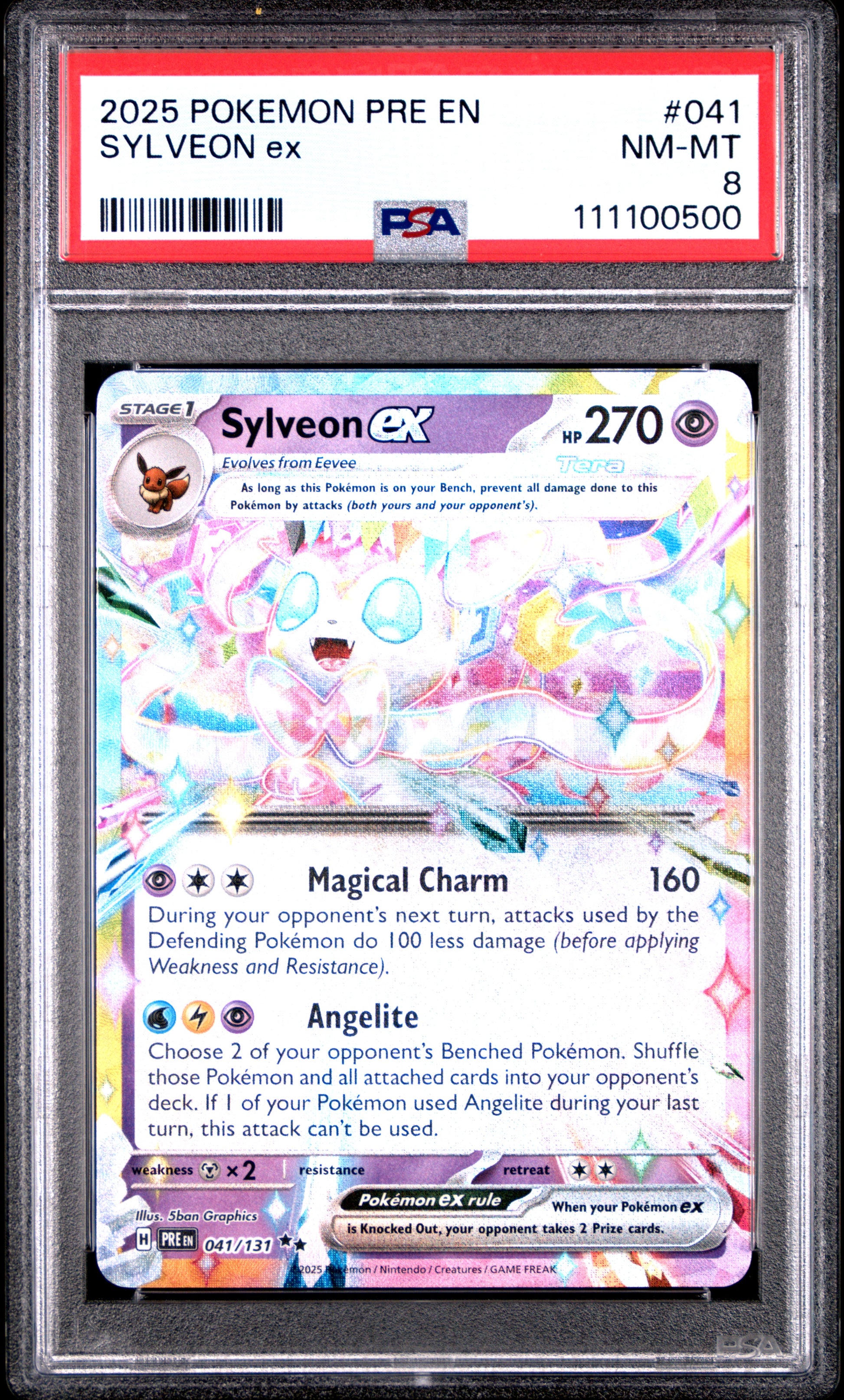 SYLVEON EX 41/131 Common POKEMON PRE EN-PRISMATIC EVOLUTIONS PSA8 NM-MT 8 PSA population 73 <a href=https://www.psacard.com/cert/111100500/psa>https://www.psacard.com/cert/111100500/psa</a>