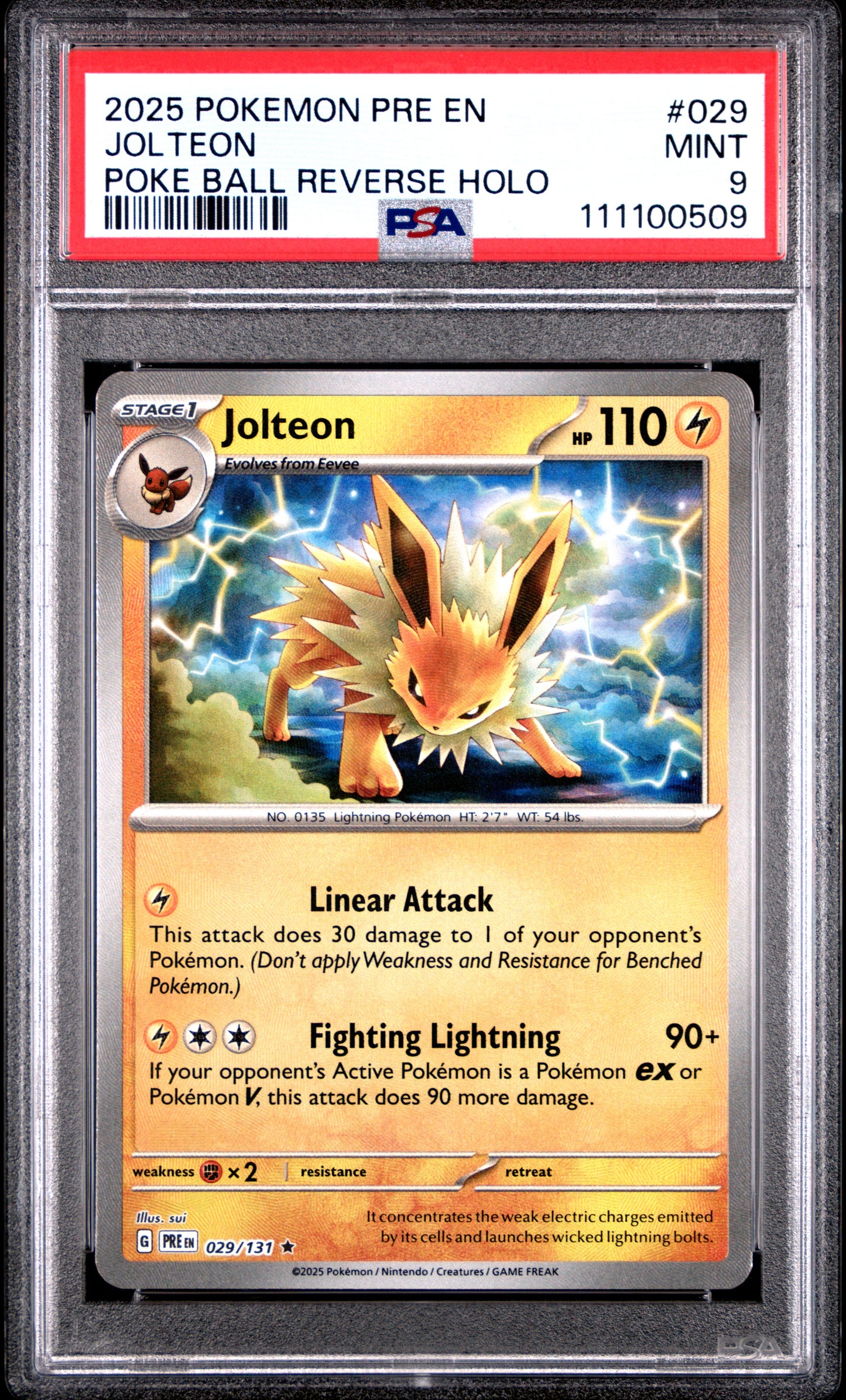 JOLTEON 29/131 [Poke Ball] POKEMON PRE EN-PRISMATIC EVOLUTIONS POKE BALL REVERSE HOLO PSA9 MINT 9 PSA population 281 <a href=https://www.psacard.com/cert/111100509/psa>https://www.psacard.com/cert/111100509/psa</a>
