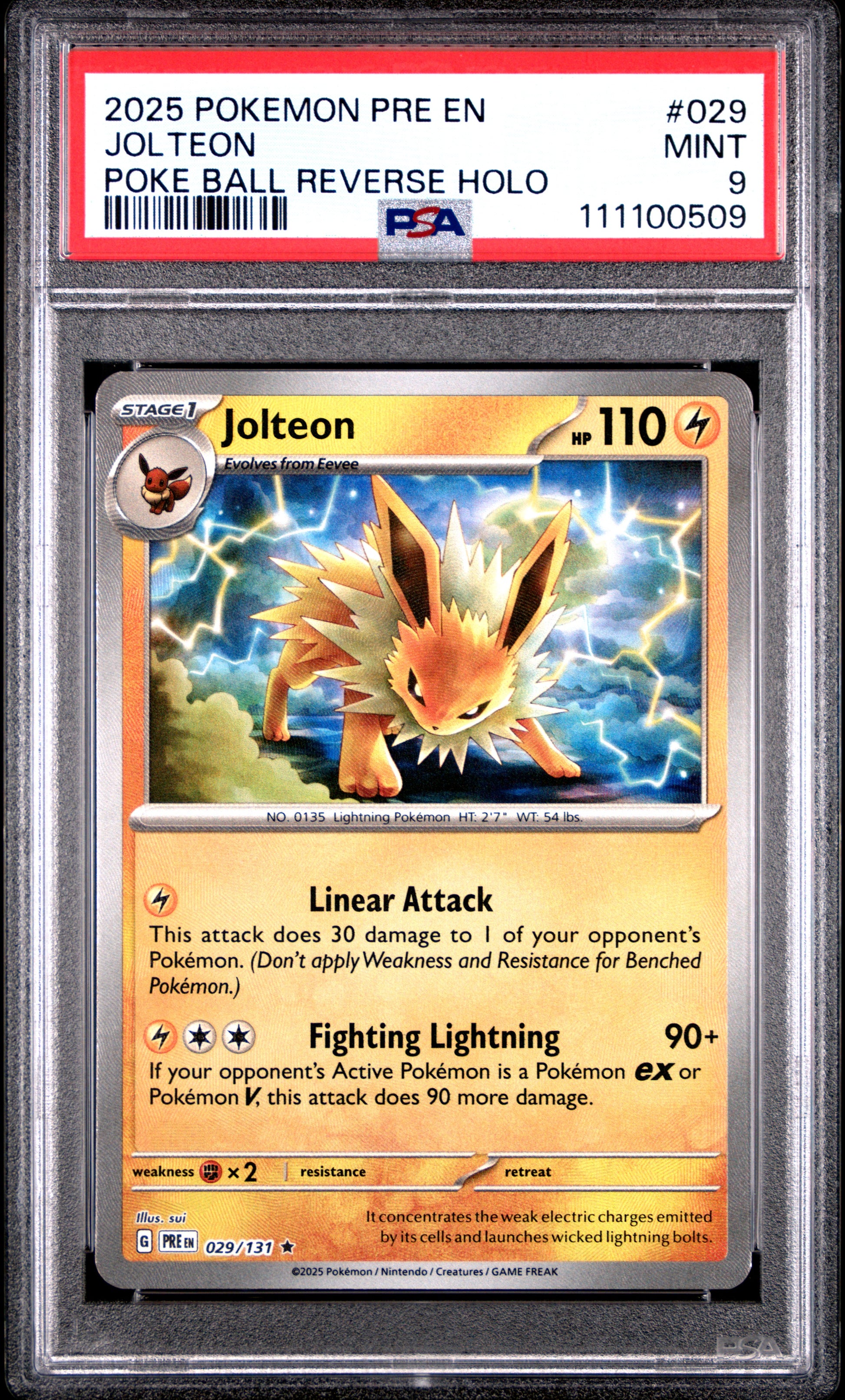 JOLTEON 29/131 [Poke Ball] POKEMON PRE EN-PRISMATIC EVOLUTIONS POKE BALL REVERSE HOLO PSA9 MINT 9 PSA population 281 <a href=https://www.psacard.com/cert/111100509/psa>https://www.psacard.com/cert/111100509/psa</a>