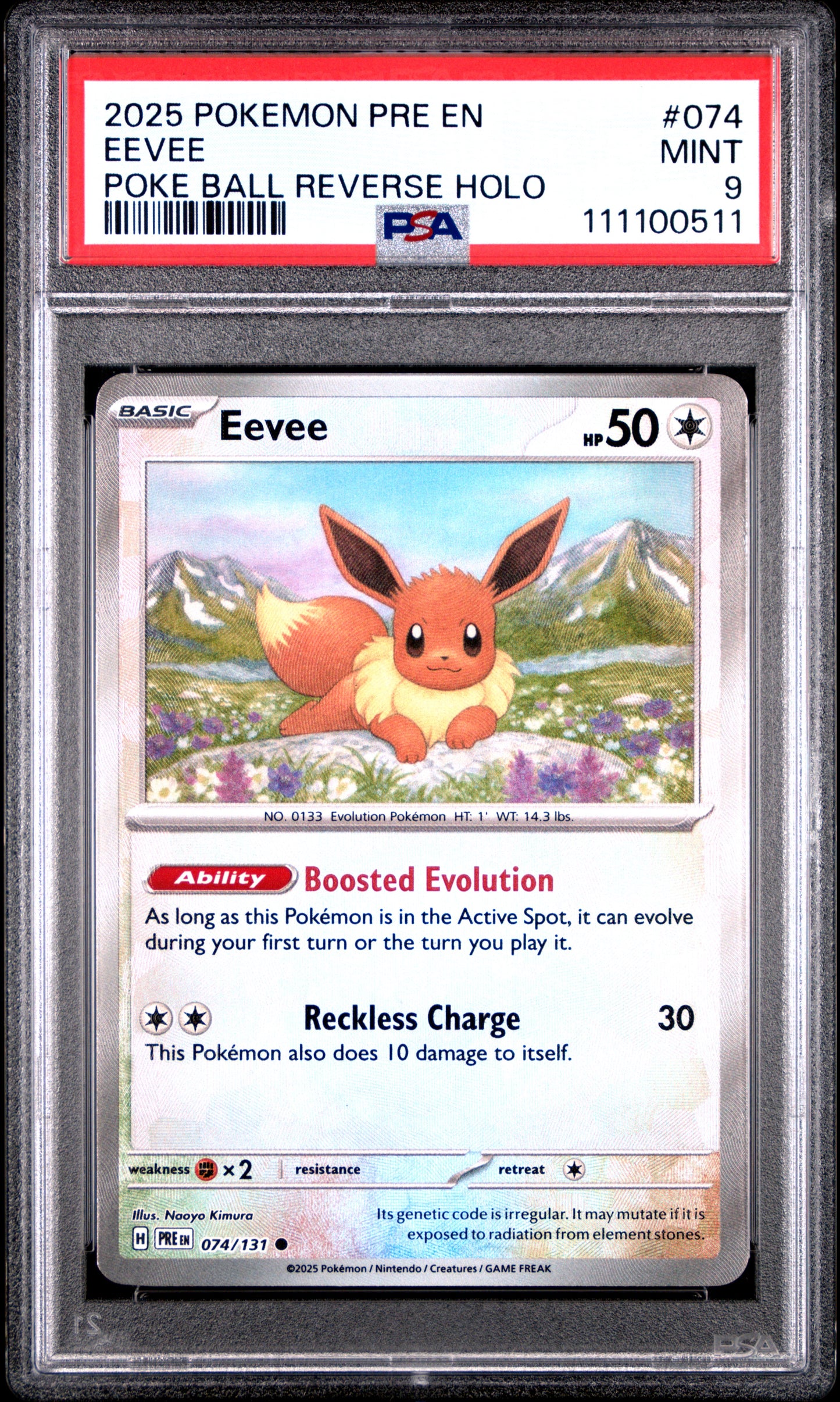 EEVEE 74/131 [Poke Ball] POKEMON PRE EN-PRISMATIC EVOLUTIONS POKE BALL REVERSE HOLO PSA9 MINT 9 PSA population 423 <a href=https://www.psacard.com/cert/111100511/psa>https://www.psacard.com/cert/111100511/psa</a>