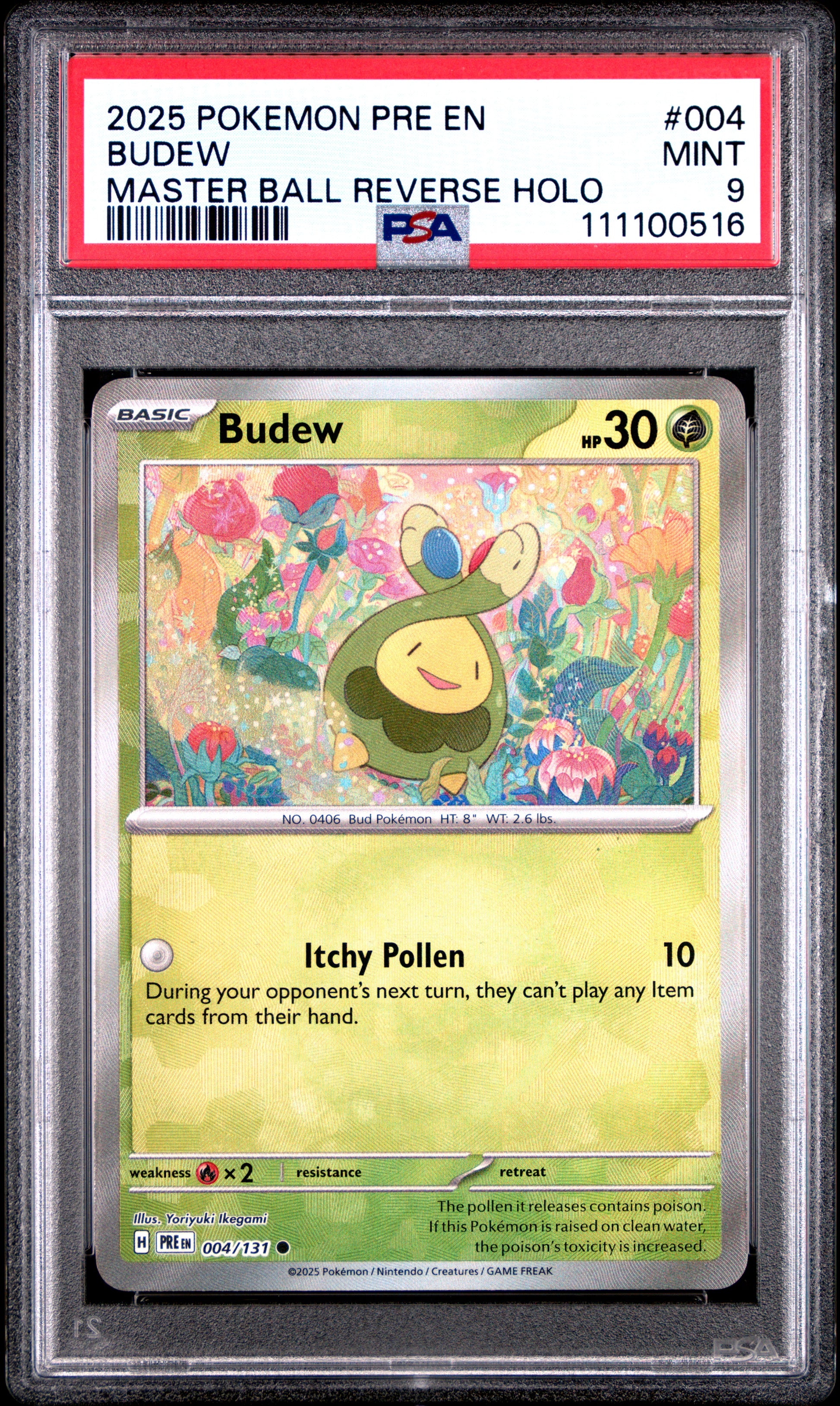 BUDEW 4/131 [Master Ball]  POKEMON PRE EN-PRISMATIC EVOLUTIONS MASTER BALL REVERSE HOLO PSA9 MINT 9 PSA population 145 <a href=https://www.psacard.com/cert/111100516/psa>https://www.psacard.com/cert/111100516/psa</a>