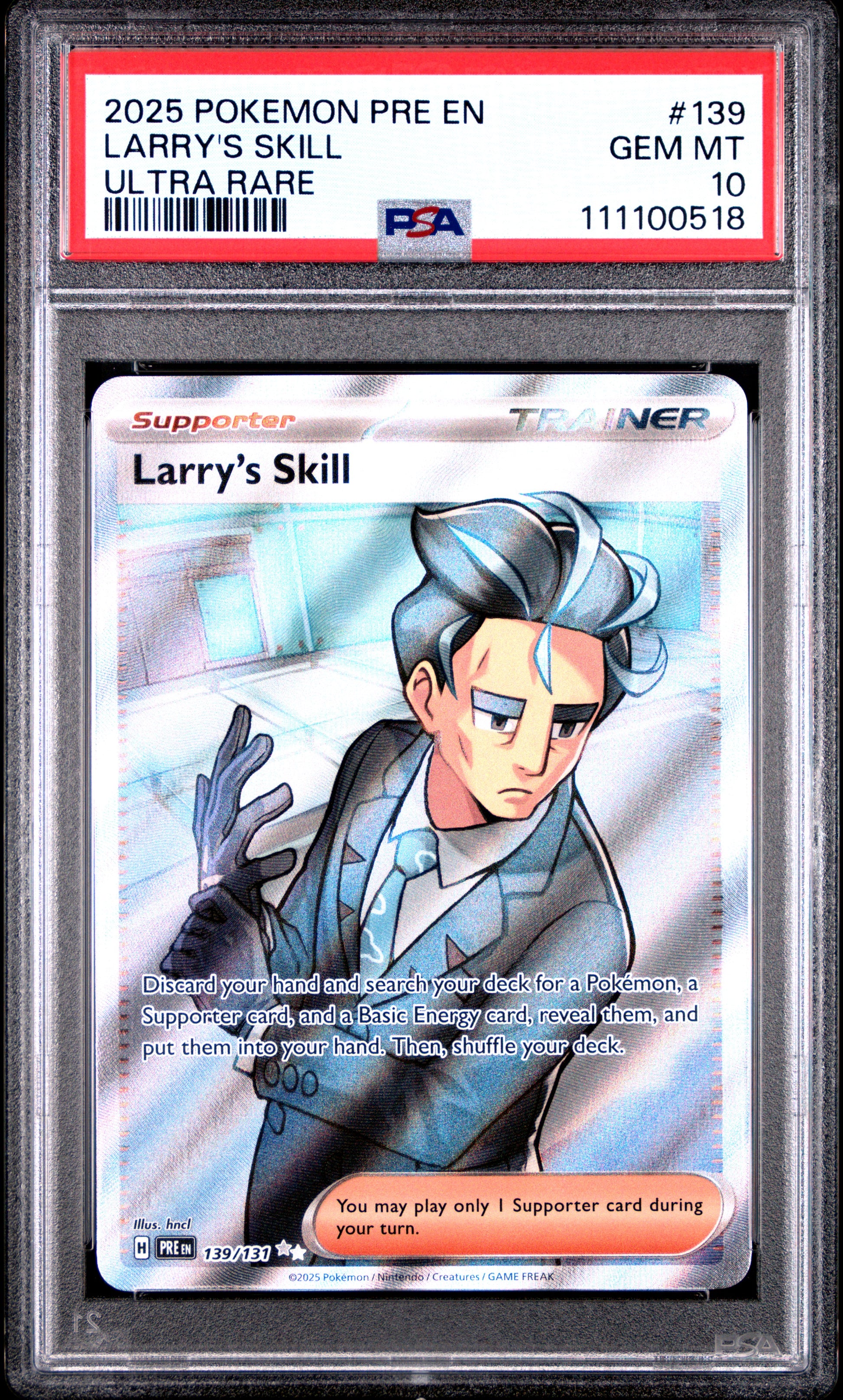 LARRY'S SKILL 139/131 Common POKEMON PRE EN-PRISMATIC EVOLUTIONS ULTRA RARE PSA10 GEM MT 10 PSA population 66 <a href=https://www.psacard.com/cert/111100518/psa>https://www.psacard.com/cert/111100518/psa</a>