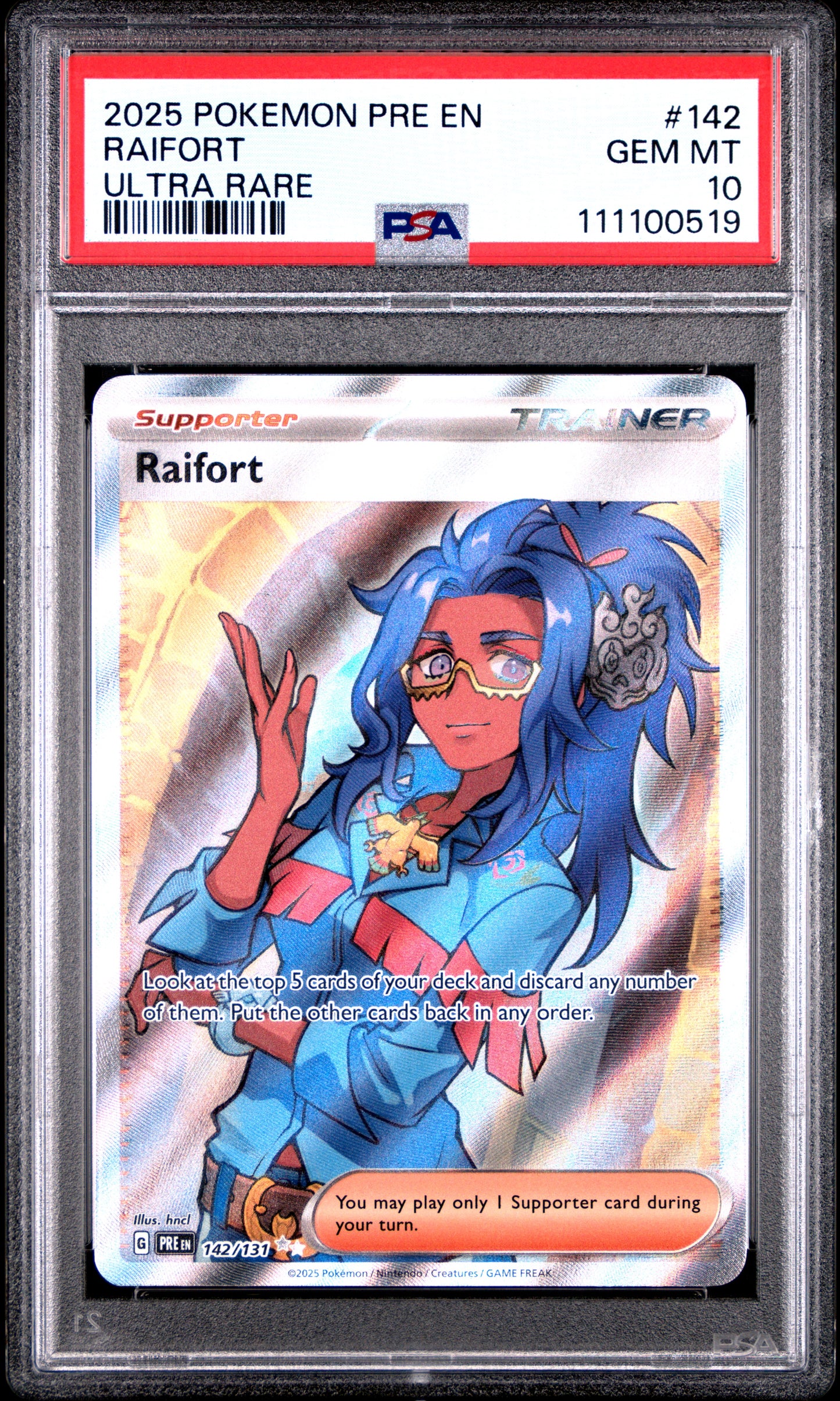 RAIFORT 142/131 Common POKEMON PRE EN-PRISMATIC EVOLUTIONS ULTRA RARE PSA10 GEM MT 10 PSA population 64 <a href=https://www.psacard.com/cert/111100519/psa>https://www.psacard.com/cert/111100519/psa</a>