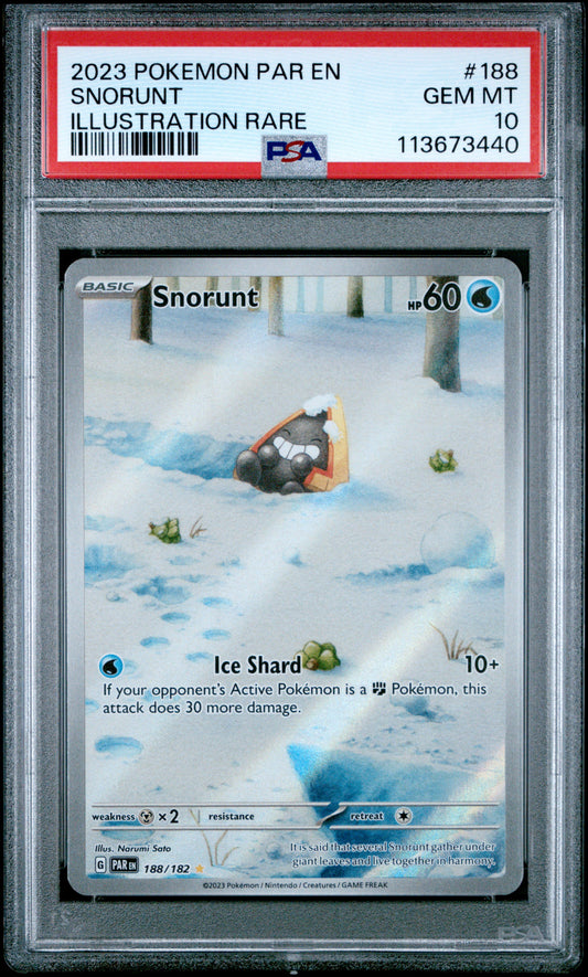 SNORUNT 188/182 Common POKEMON PAR EN-PARADOX RIFT ILLUSTRATION RARE PSA10 GEM MT 10 PSA population 337 <a href=https://www.psacard.com/cert/113673440/psa>https://www.psacard.com/cert/113673440/psa</a>