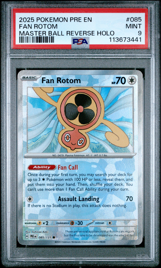 FAN ROTOM 85/131 [Master Ball]  POKEMON PRE EN-PRISMATIC EVOLUTIONS MASTER BALL REVERSE HOLO PSA9 MINT 9 PSA population 61 <a href=https://www.psacard.com/cert/113673441/psa>https://www.psacard.com/cert/113673441/psa</a>
