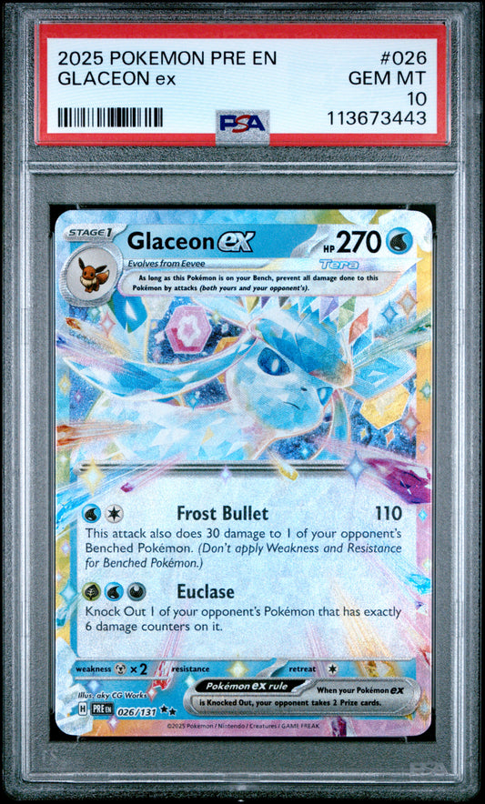 GLACEON EX 26/131 Common POKEMON PRE EN-PRISMATIC EVOLUTIONS PSA10 GEM MT 10 PSA population 440 <a href=https://www.psacard.com/cert/113673443/psa>https://www.psacard.com/cert/113673443/psa</a>