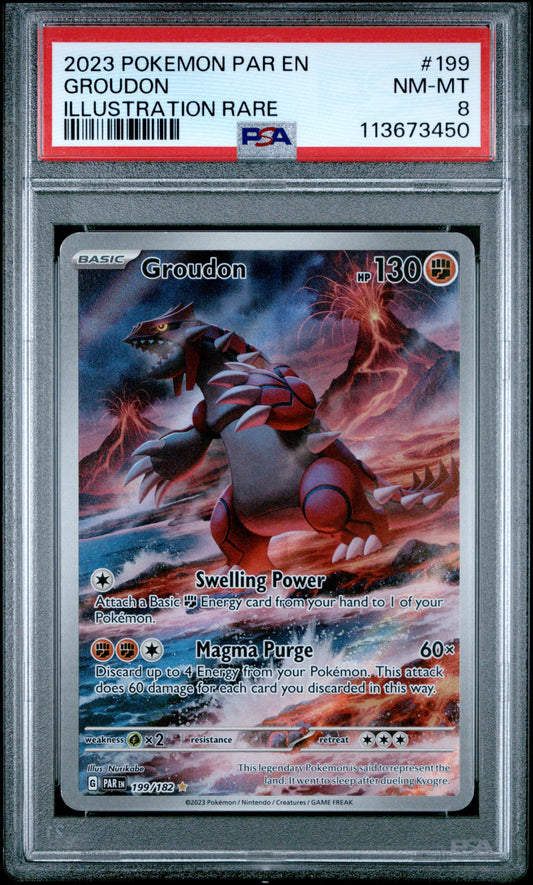GROUDON 199/182 Common POKEMON PAR EN-PARADOX RIFT ILLUSTRATION RARE PSA8 NM-MT 8 PSA population 1008 <a href=https://www.psacard.com/cert/113673450/psa>https://www.psacard.com/cert/113673450/psa</a>