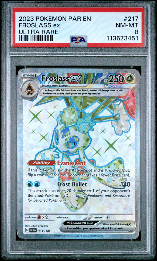 FROSLASS EX 217/182 Common POKEMON PAR EN-PARADOX RIFT ULTRA RARE PSA8 NM-MT 8 PSA population 21 <a href=https://www.psacard.com/cert/113673451/psa>https://www.psacard.com/cert/113673451/psa</a>