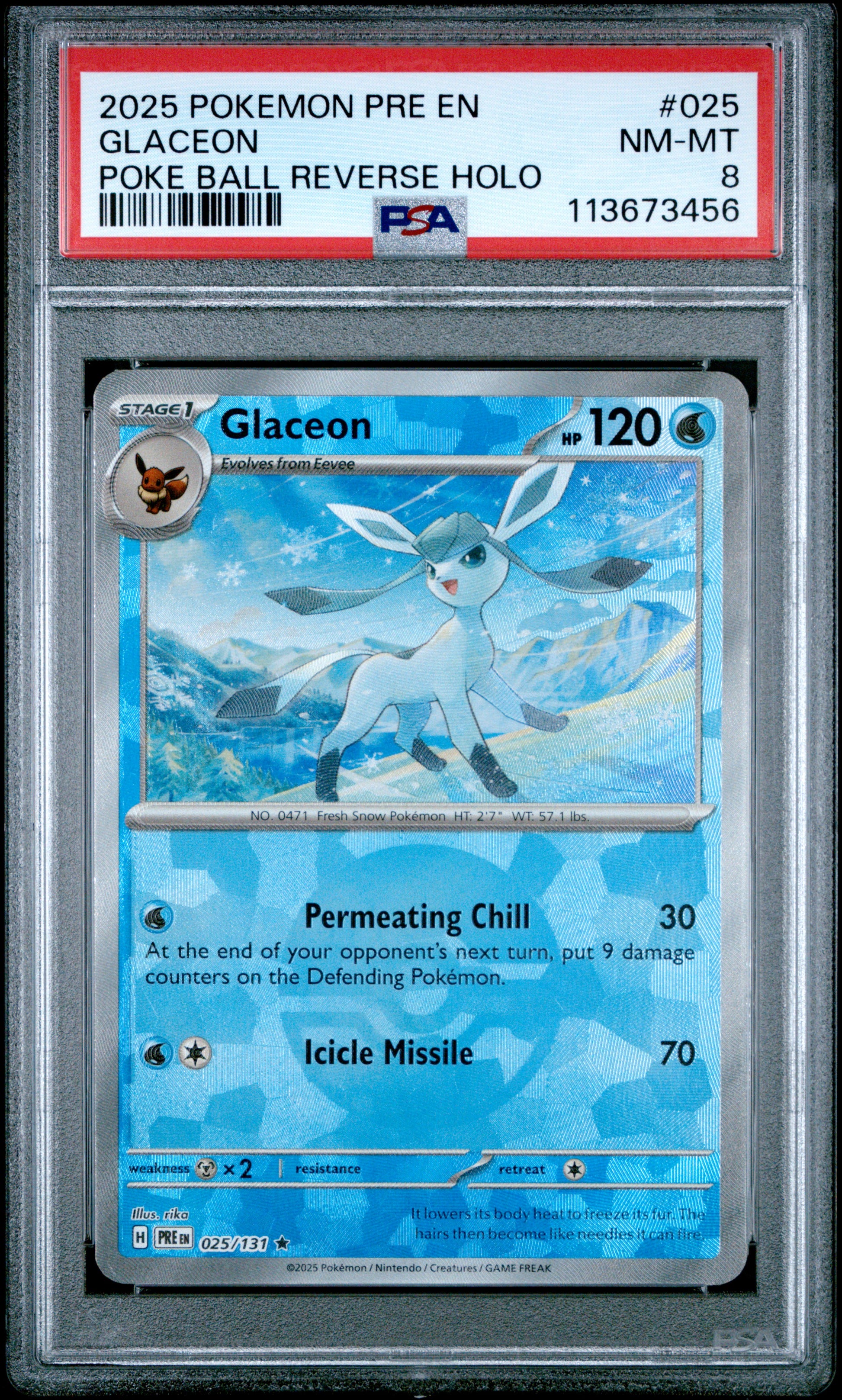 GLACEON 25/131 [Poke Ball] POKEMON PRE EN-PRISMATIC EVOLUTIONS POKE BALL REVERSE HOLO PSA8 NM-MT 8 PSA population 86 <a href=https://www.psacard.com/cert/113673456/psa>https://www.psacard.com/cert/113673456/psa</a>