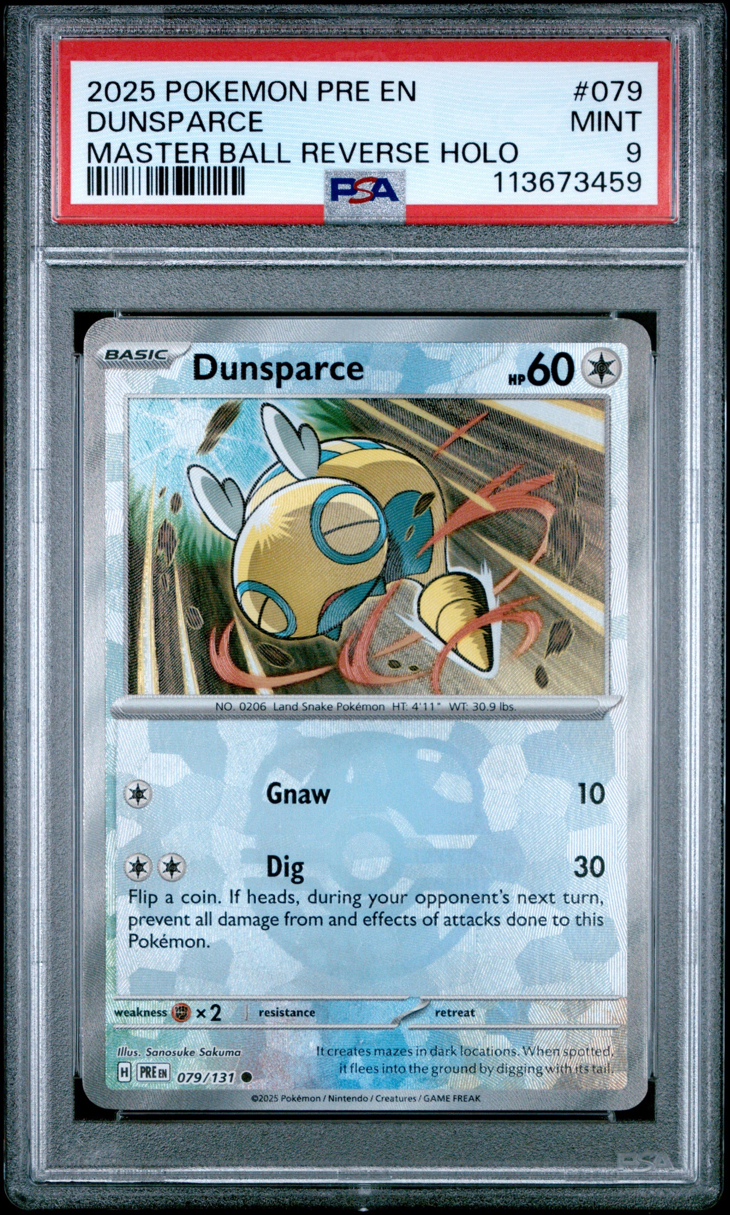 DUNSPARCE 79/131 [Master Ball]  POKEMON PRE EN-PRISMATIC EVOLUTIONS MASTER BALL REVERSE HOLO PSA9 MINT 9 PSA population 68 <a href=https://www.psacard.com/cert/113673459/psa>https://www.psacard.com/cert/113673459/psa</a>