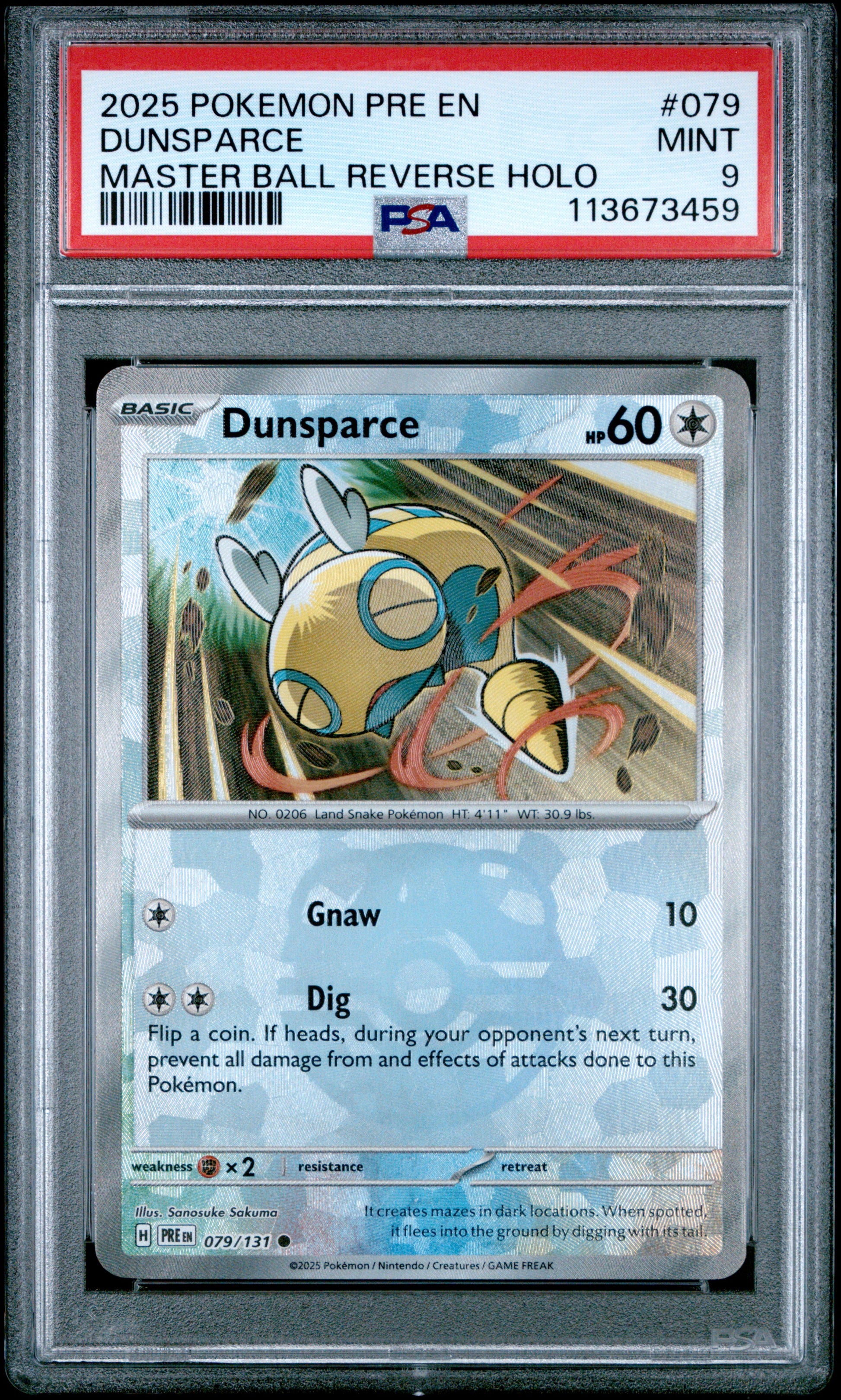 DUNSPARCE 79/131 [Master Ball]  POKEMON PRE EN-PRISMATIC EVOLUTIONS MASTER BALL REVERSE HOLO PSA9 MINT 9 PSA population 68 <a href=https://www.psacard.com/cert/113673459/psa>https://www.psacard.com/cert/113673459/psa</a>