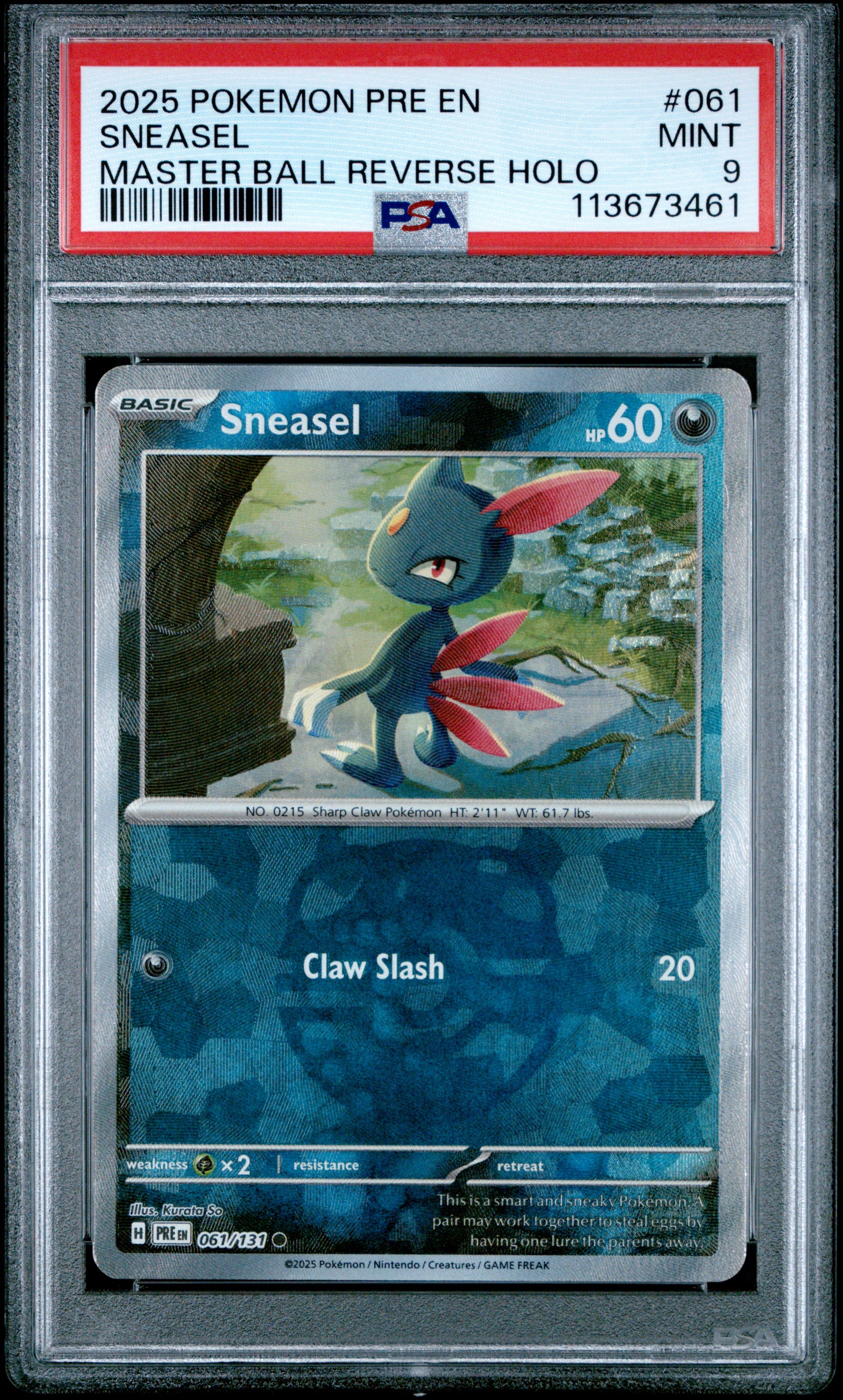 SNEASEL 61/131 [Master Ball]  POKEMON PRE EN-PRISMATIC EVOLUTIONS MASTER BALL REVERSE HOLO PSA9 MINT 9 PSA population 90 <a href=https://www.psacard.com/cert/113673461/psa>https://www.psacard.com/cert/113673461/psa</a>
