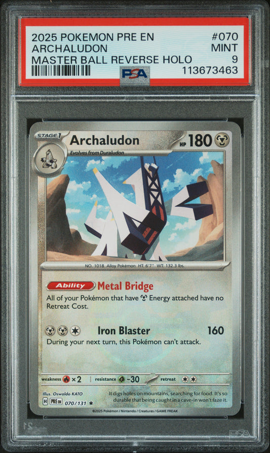 ARCHALUDON 70/131 [Master Ball]  POKEMON PRE EN-PRISMATIC EVOLUTIONS MASTER BALL REVERSE HOLO PSA9 MINT 9 PSA population 30 <a href=https://www.psacard.com/cert/113673463/psa>https://www.psacard.com/cert/113673463/psa</a>