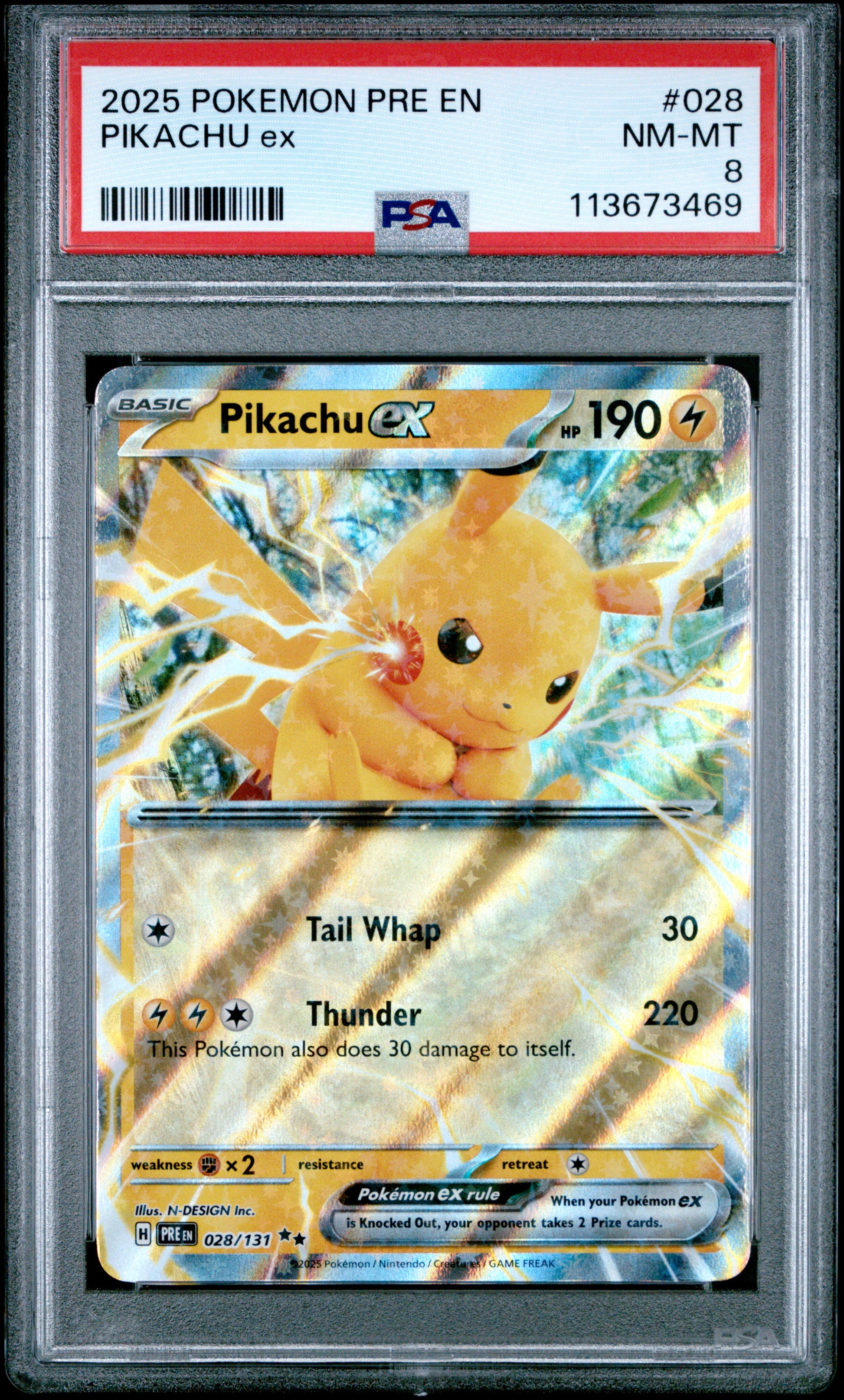 PIKACHU EX 28/131 Common POKEMON PRE EN-PRISMATIC EVOLUTIONS PSA8 NM-MT 8 PSA population 110 <a href=https://www.psacard.com/cert/113673469/psa>https://www.psacard.com/cert/113673469/psa</a>