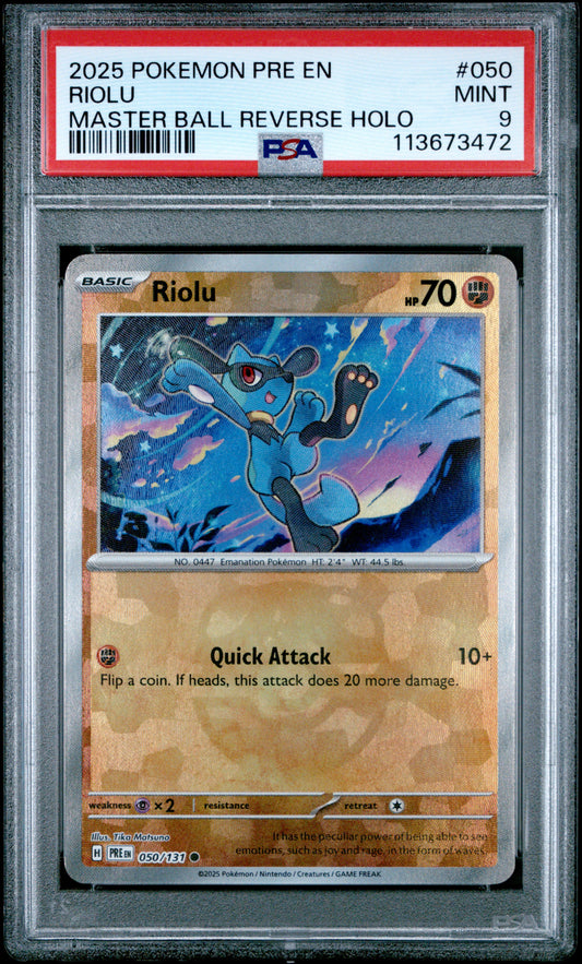 RIOLU 50/131 [Master Ball]  POKEMON PRE EN-PRISMATIC EVOLUTIONS MASTER BALL REVERSE HOLO PSA9 MINT 9 PSA population 115 <a href=https://www.psacard.com/cert/113673472/psa>https://www.psacard.com/cert/113673472/psa</a>