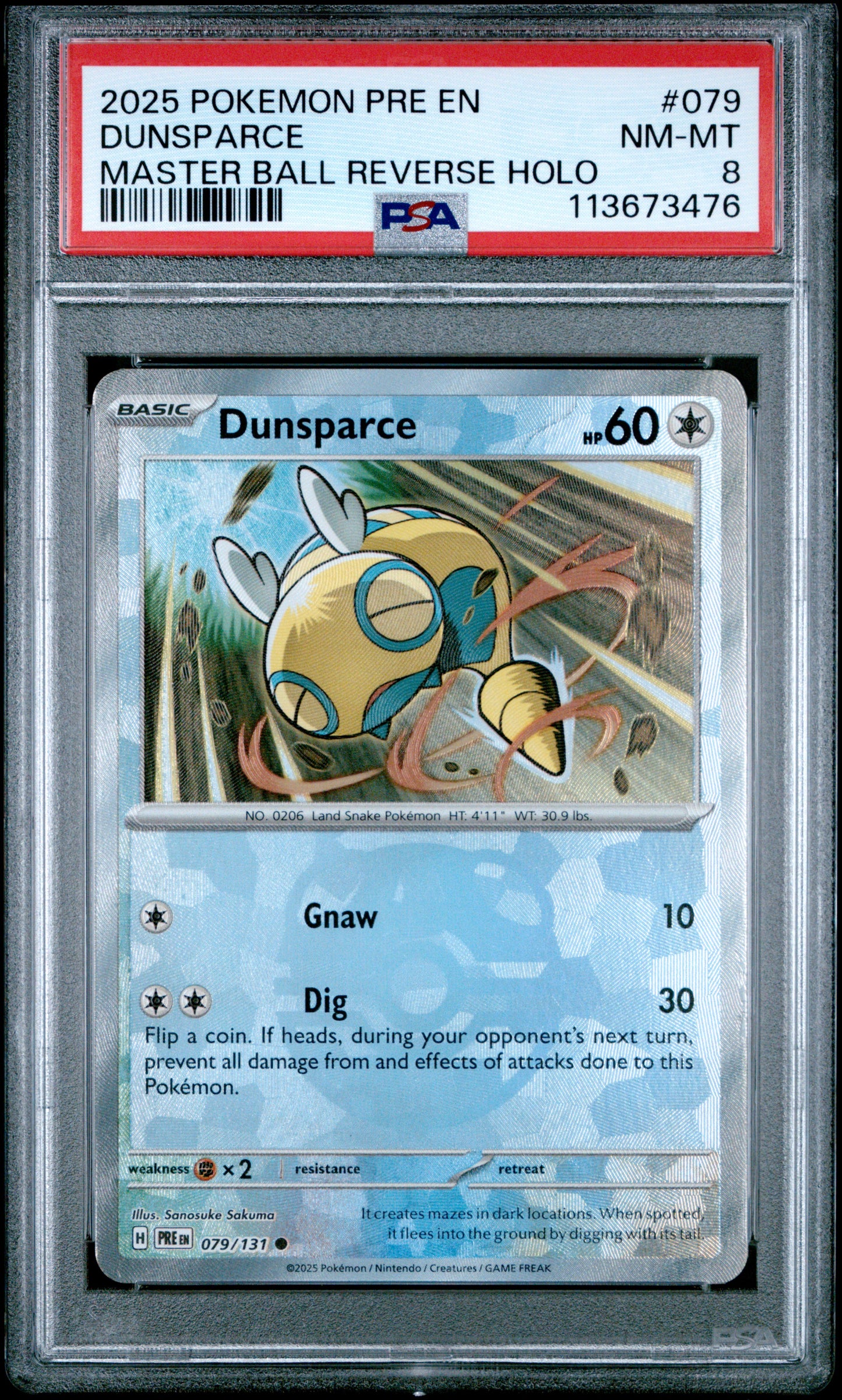 DUNSPARCE 79/131 [Master Ball]  POKEMON PRE EN-PRISMATIC EVOLUTIONS MASTER BALL REVERSE HOLO PSA8 NM-MT 8 PSA population 23 <a href=https://www.psacard.com/cert/113673476/psa>https://www.psacard.com/cert/113673476/psa</a>