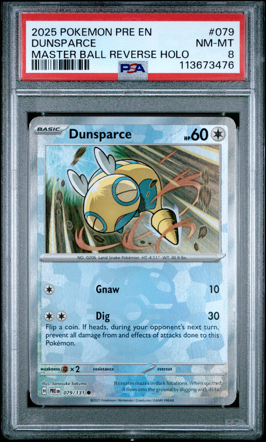 DUNSPARCE 79/131 [Master Ball]  POKEMON PRE EN-PRISMATIC EVOLUTIONS MASTER BALL REVERSE HOLO PSA8 NM-MT 8 PSA population 23 <a href=https://www.psacard.com/cert/113673476/psa>https://www.psacard.com/cert/113673476/psa</a>