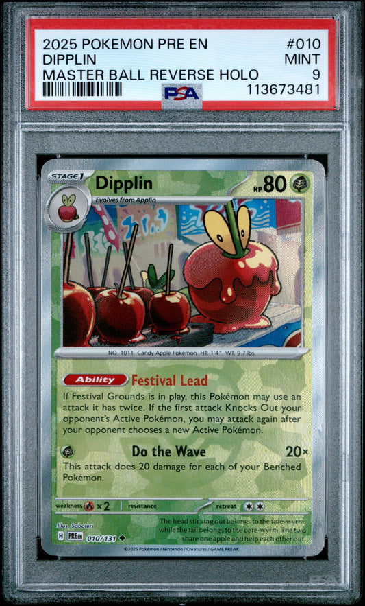 DIPPLIN 10/131 [Master Ball]  POKEMON PRE EN-PRISMATIC EVOLUTIONS MASTER BALL REVERSE HOLO PSA9 MINT 9 PSA population 58 <a href=https://www.psacard.com/cert/113673481/psa>https://www.psacard.com/cert/113673481/psa</a>