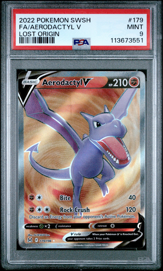 FA/AERODACTYL V 179/196 Common POKEMON SWORD & SHIELD LOST ORIGIN LOST ORIGIN PSA9 MINT 9 PSA population 136 <a href=https://www.psacard.com/cert/113673551/psa>https://www.psacard.com/cert/113673551/psa</a>