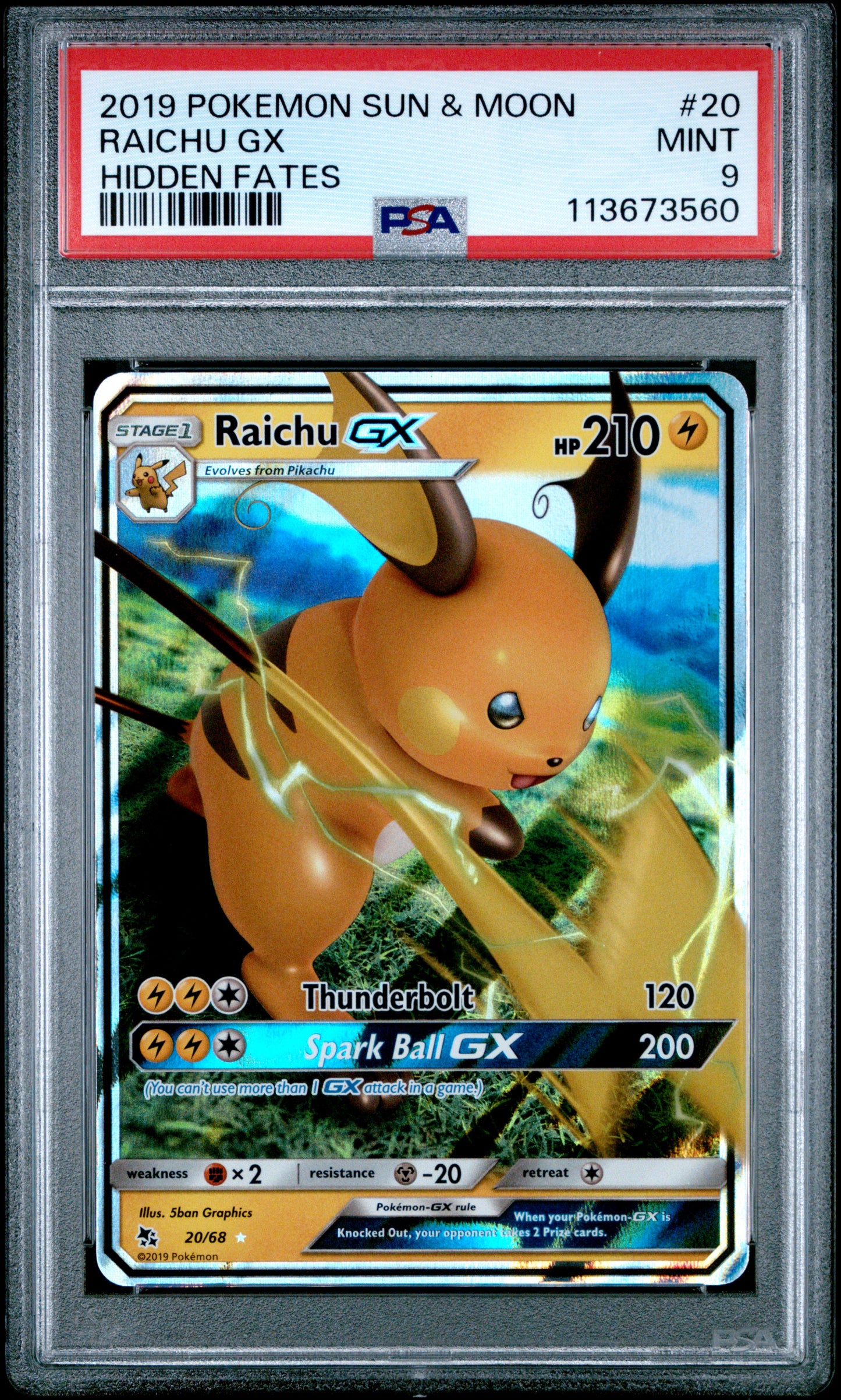 RAICHU GX 20/68 Common POKEMON SUN & MOON HIDDEN FATES HIDDEN FATES PSA9 MINT 9 PSA population 727 <a href=https://www.psacard.com/cert/113673560/psa>https://www.psacard.com/cert/113673560/psa</a>