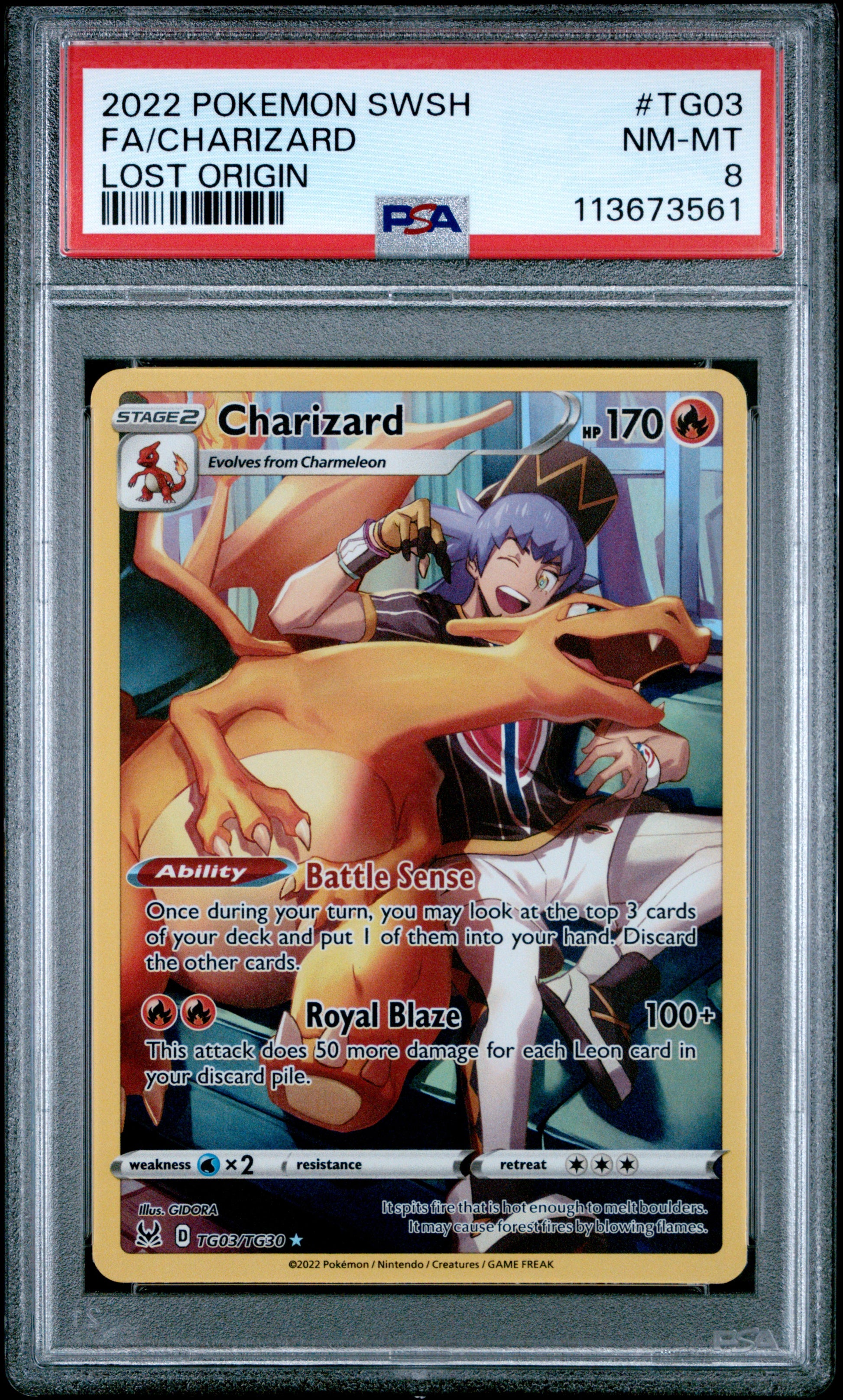 FA/CHARIZARD TG03/TG30 Common POKEMON SWORD & SHIELD LOST ORIGIN LOST ORIGIN PSA8 NM-MT 8 PSA population 1580 <a href=https://www.psacard.com/cert/113673561/psa>https://www.psacard.com/cert/113673561/psa</a>