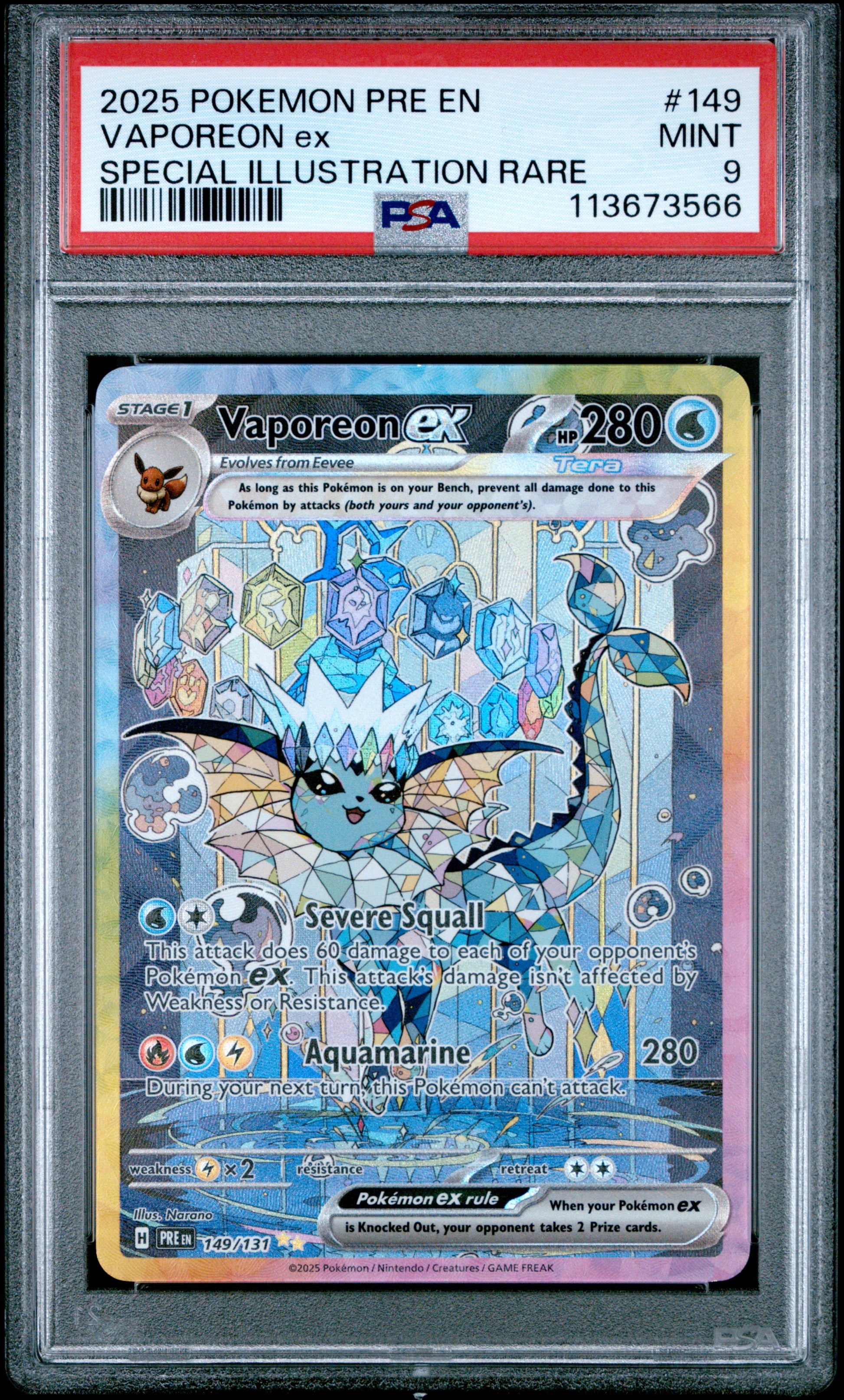 VAPOREON EX 149/131 Common POKEMON PRE EN-PRISMATIC EVOLUTIONS SPECIAL ILLUSTRATION RARE PSA9 MINT 9 PSA population 2616 <a href=https://www.psacard.com/cert/113673566/psa>https://www.psacard.com/cert/113673566/psa</a>